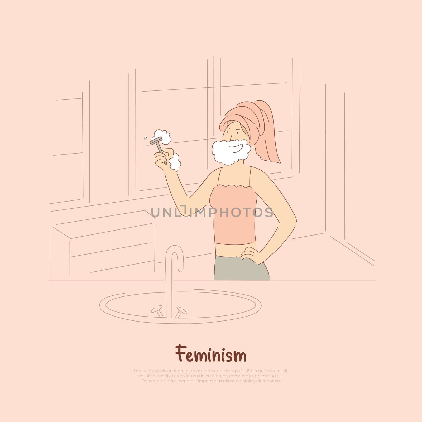Strong young woman shaving, smiling lady with soap beard holding razor, personal hygiene, body care, feminism banner. Gender equality metaphor concept cartoon sketch. Flat vector illustration