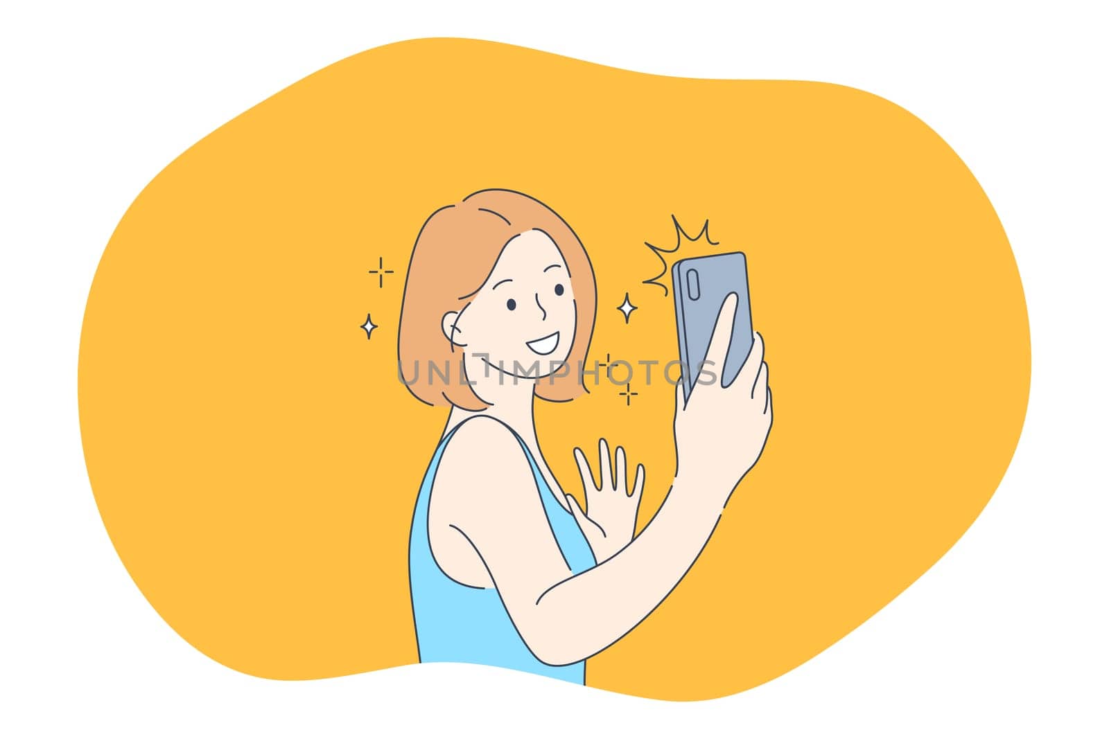 Selfie, smartphone, photograph vector illustration. Smiling girl cartoon character making selfie on smartphone for sharing in social media. Lifestyle, photo, shot, sharing, stories, online, mobile