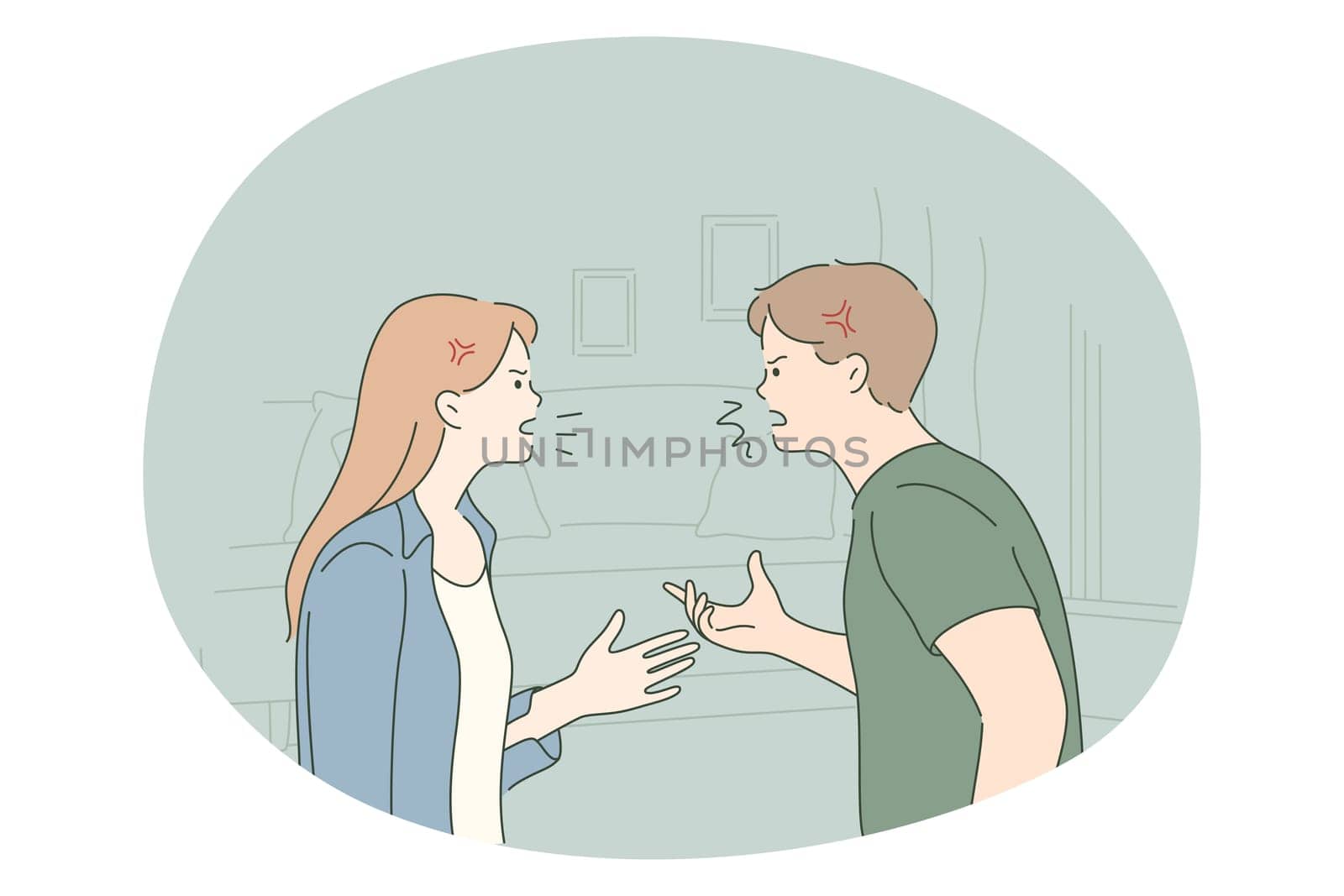 Scandal, quarrelling, fighting concept. Young angry couple standing and shouting at each other at home having problems with mutual understanding feeling aggressive illustration