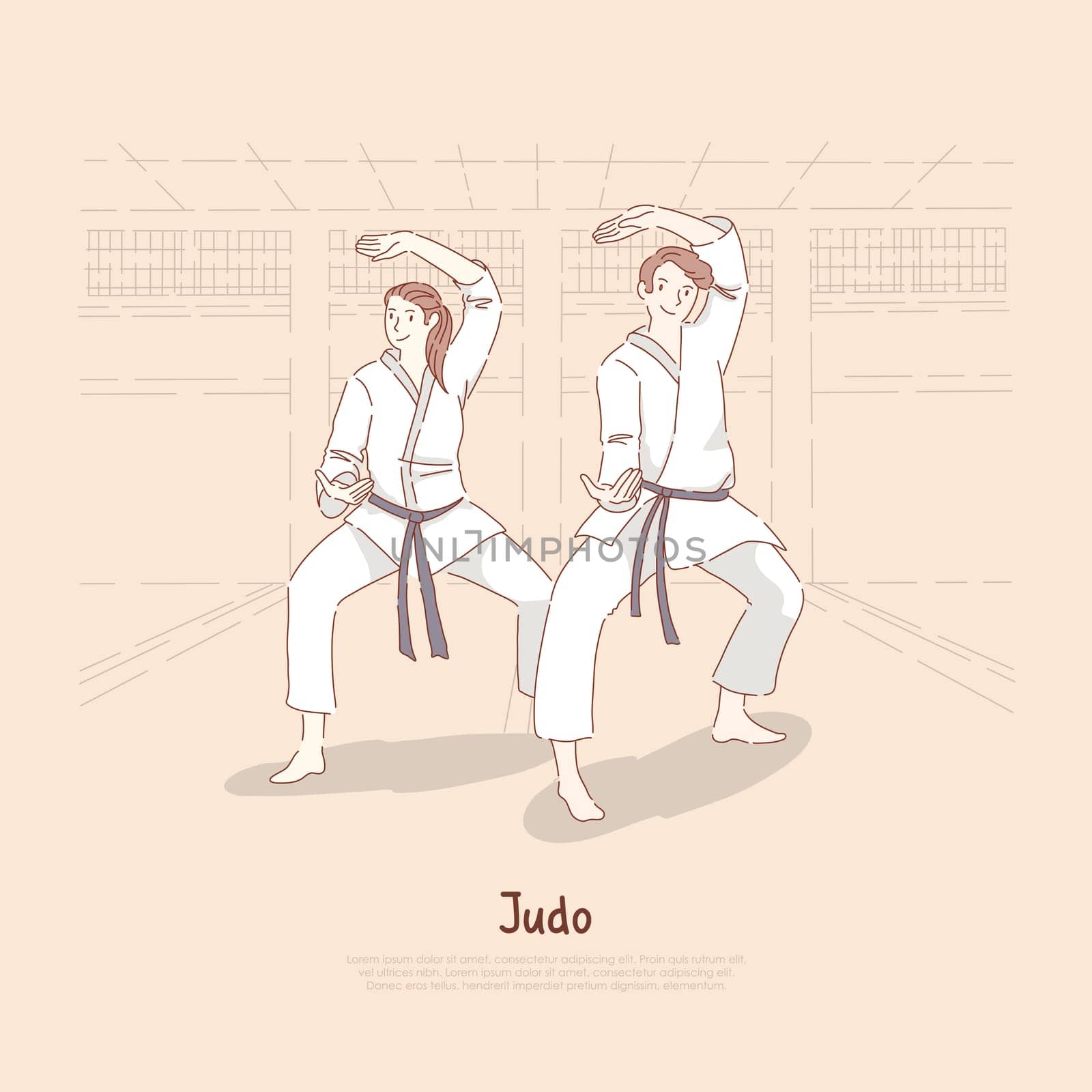 Young people in kimono training in dojo, trainer and student, man and woman practicing karate, self defence classes banner. Judo, oriental martial arts concept cartoon sketch. Flat vector illustration