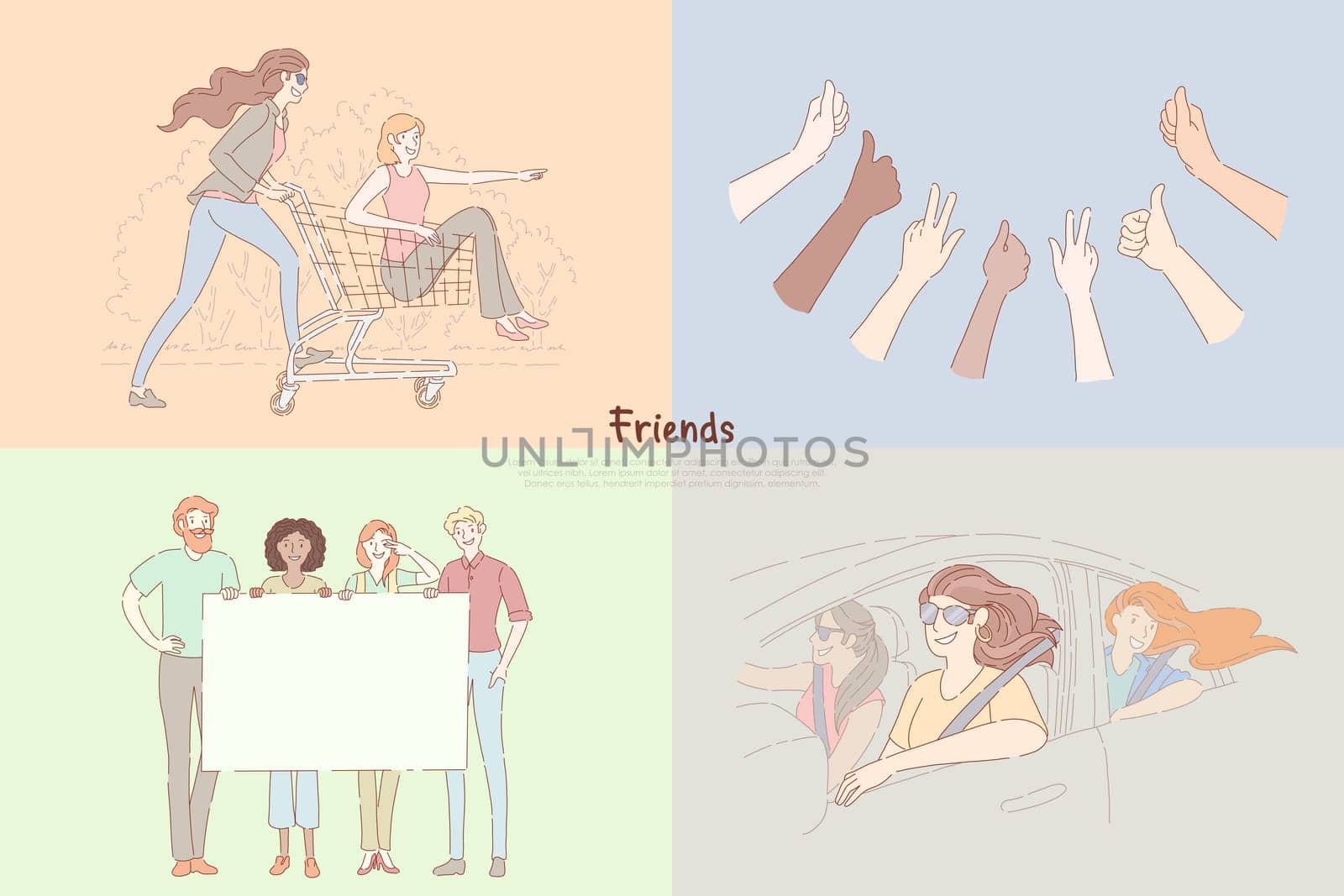 Girlfriends having fun, hands show thumbs up, people holding blank placard, girls on road trip, friendship banner. Friends spend time together concept cartoon sketch. Flat vector illustration