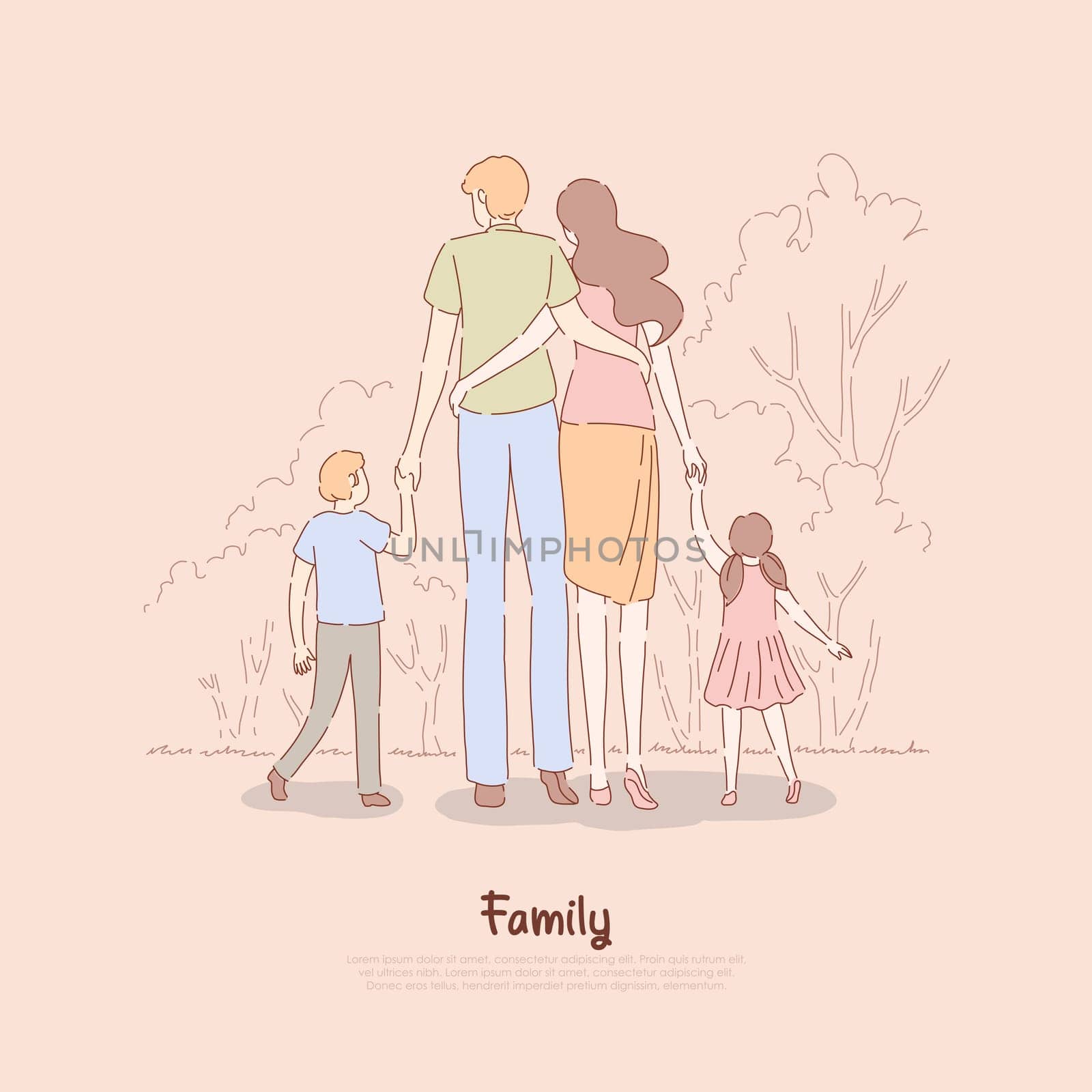 Parents with children holding hands, couple with kids stand together back view, mother father, son, daughter, parenting banner. Family on walk in park concept cartoon sketch. Flat vector illustration