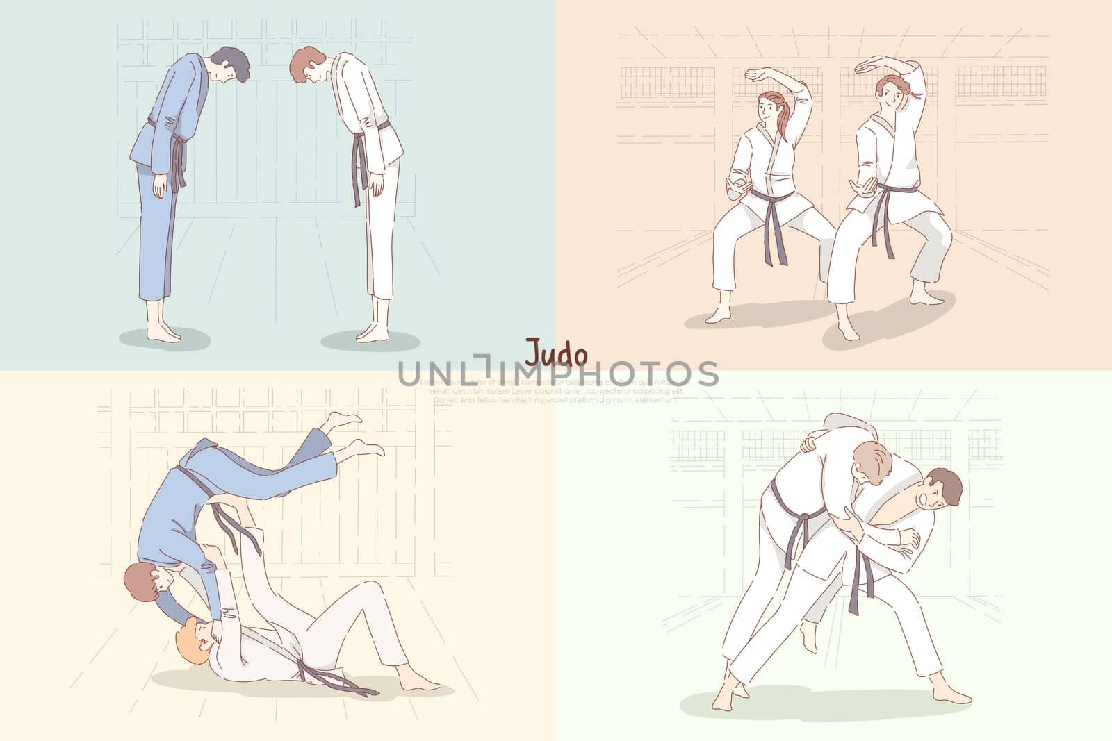 Judo training, young students in kimono bow down, practicing footboard and throw, oriental martial arts banner. Japanese single combat school concept cartoon sketch. Flat vector illustration