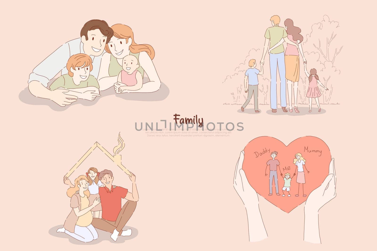 Happy parents with little children, couple with kids together at home or on outdoor stroll, family relationship banner. Traditional values, happiness concept cartoon sketch. Flat vector illustration