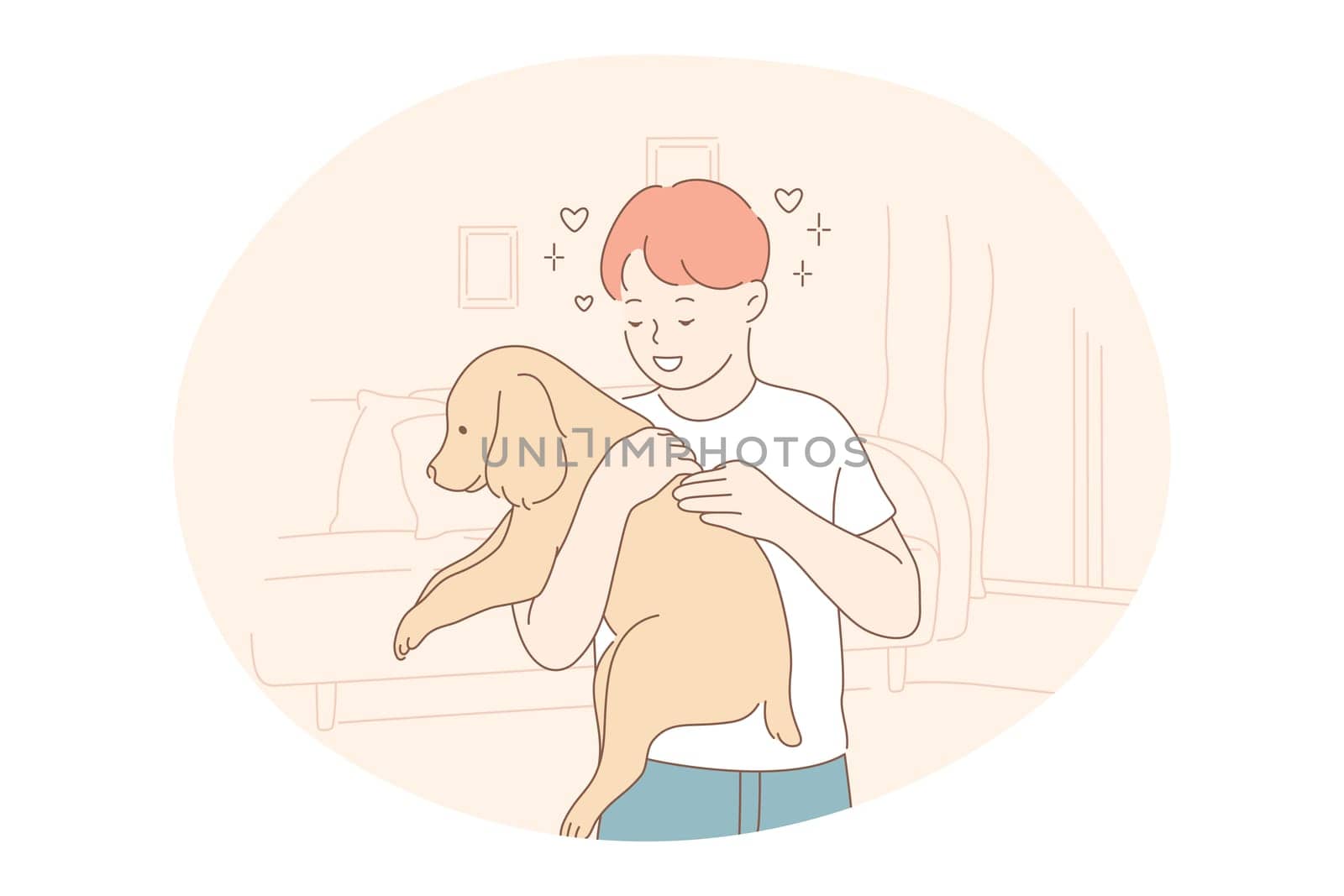 Adopted dogs from shelter, volunteering, helping pets concept. Young happy boy cartoon character holding and petting brown adopted puppy, hugging and embracing vector illustration