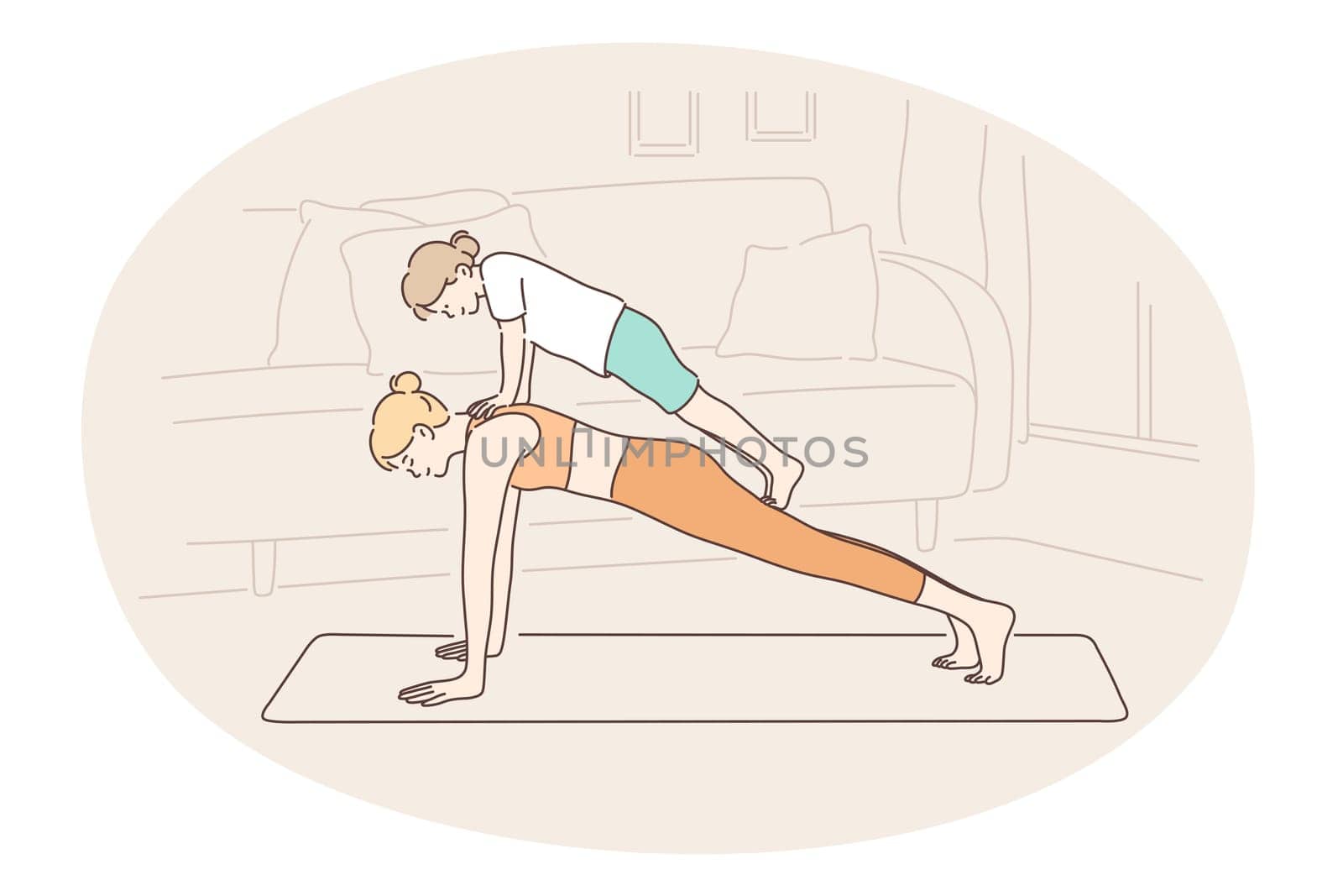 Mother and child, motherhood, home activities with children concept. Young woman mother practicing yoga on fitness mat together with small daughter standing on her back at home vector illustration