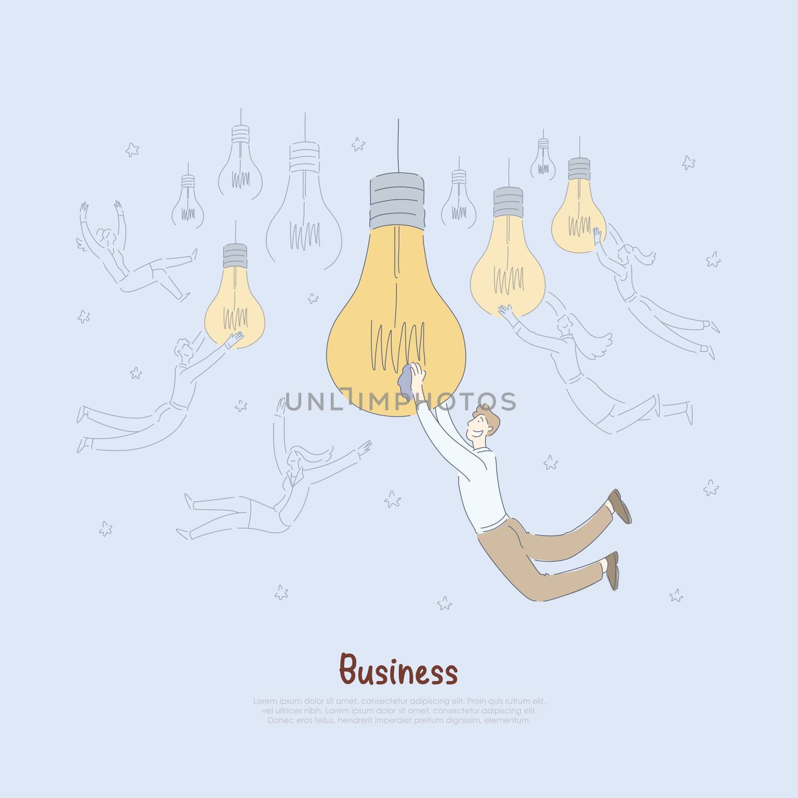 Young entrepreneurs holding big light bulbs, creative startup idea generation metaphor, brainstorm banner. Business development strategy planning concept cartoon sketch. Flat vector illustration