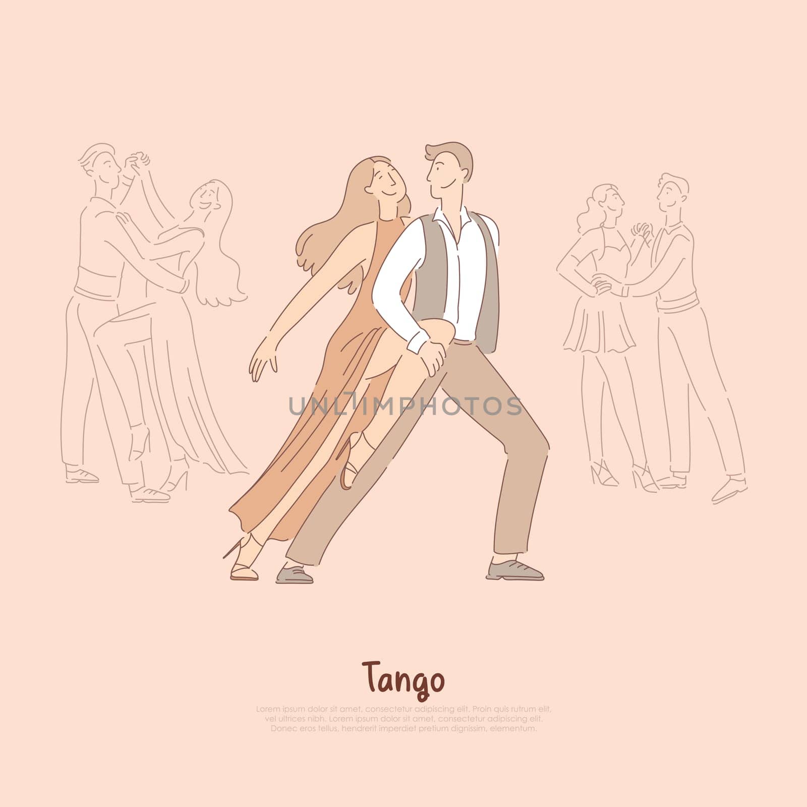 Professional dancers, man and elegant woman in red dress performing tango, passionate performance banner. Traditional argentinian dance concept cartoon sketch. Flat vector illustration