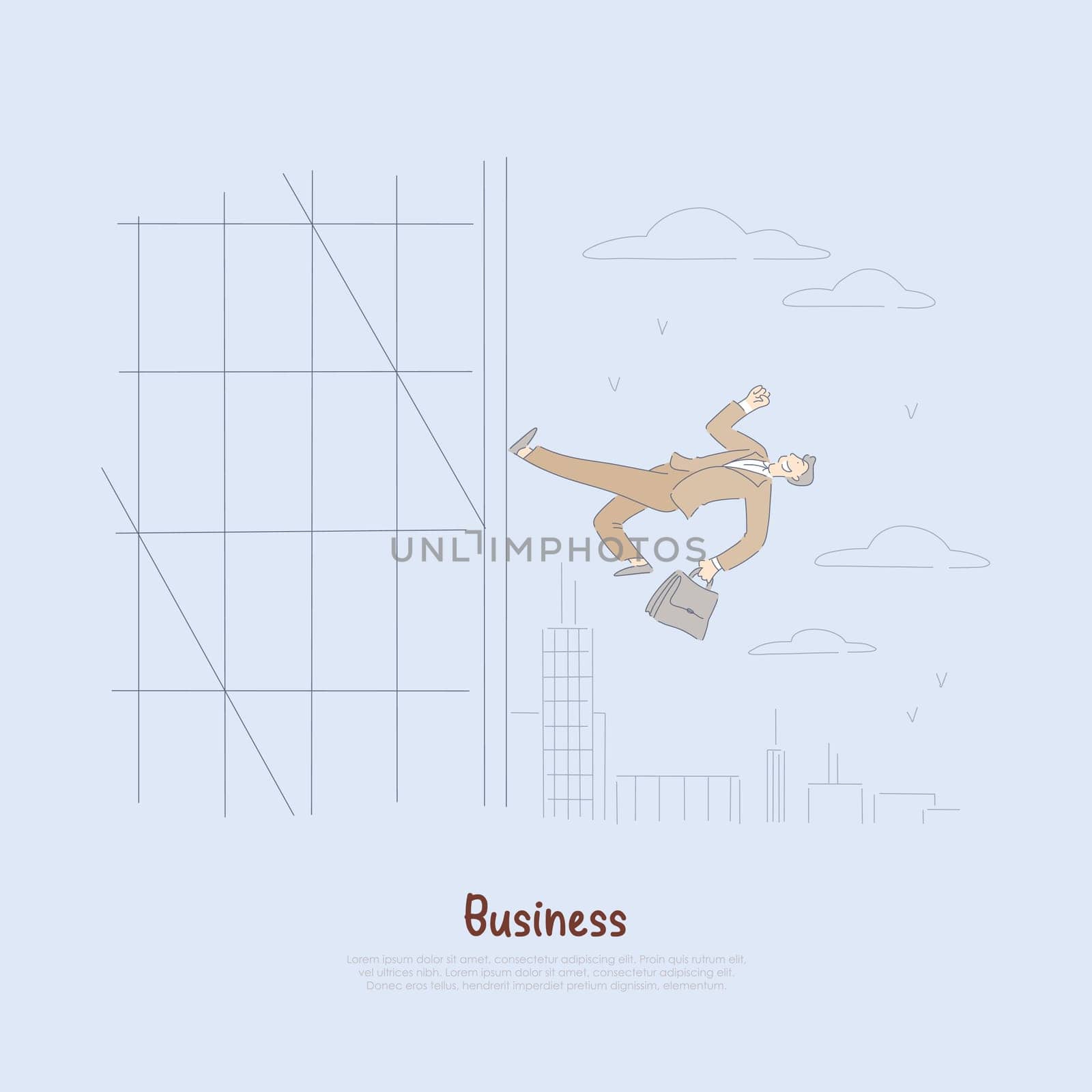Happy businessman with briefcase, company employee runs up building wall, promotion metaphor, corporate success banner. Goal achievement, career growth concept cartoon sketch. Flat vector illustration