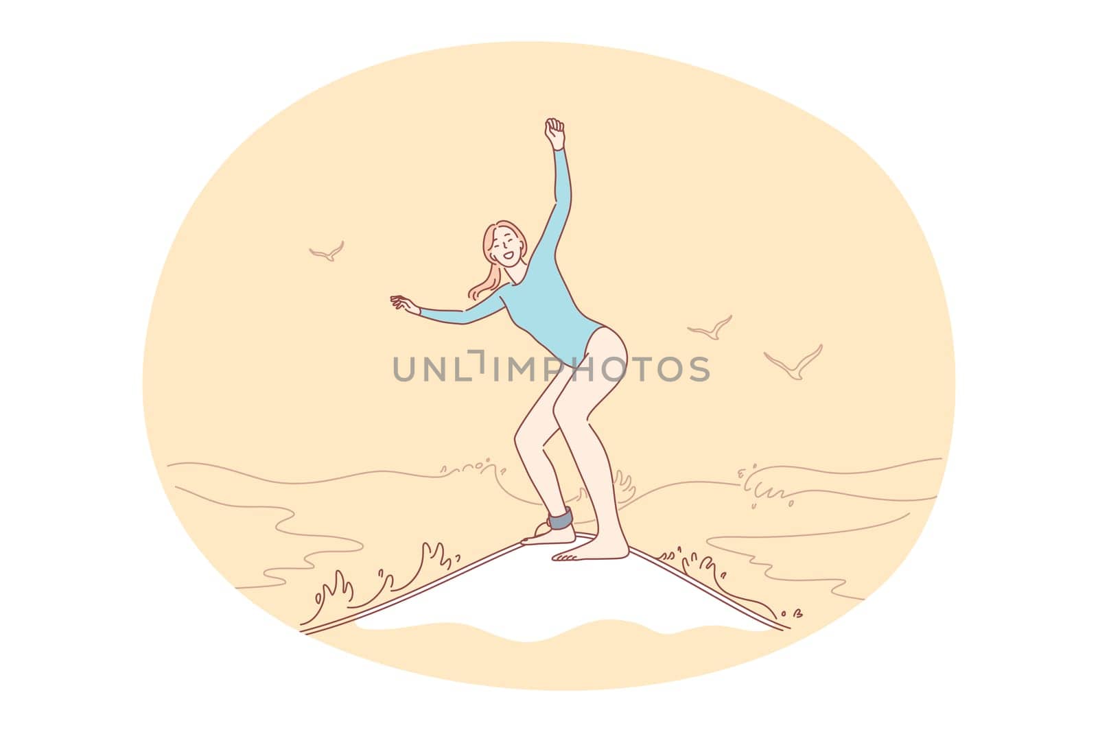 Summer, vacation, relax concept. Smiling woman enjoying water surfing enjoying seaside recreation watching seascape during vacations. Holiday rest and summertime sunbathing on sand