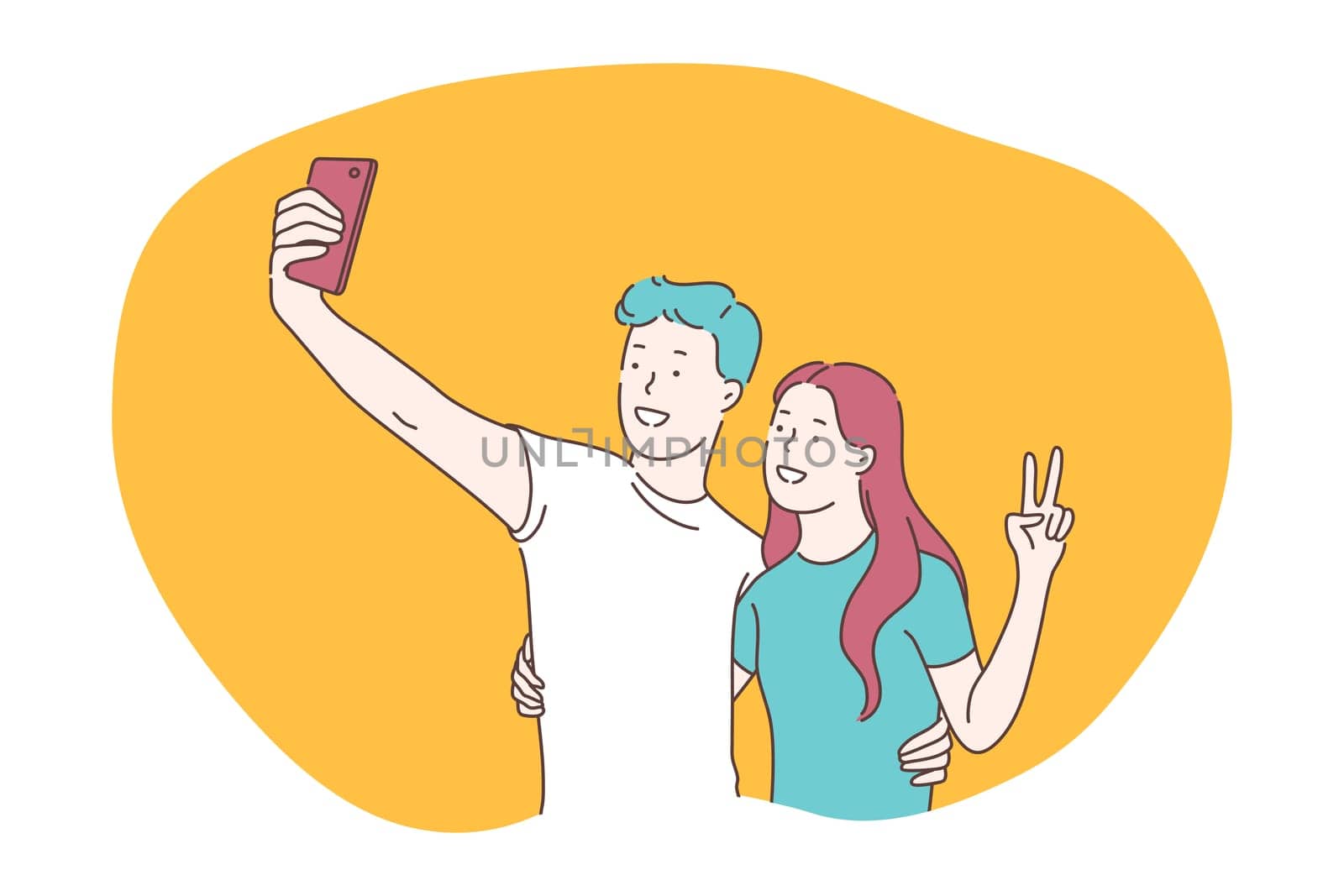 Selfie, smartphone, photograph vector illustration. Smiling young couple showing peace and making selfie on smartphone for sharing in social media. Lifestyle, photo, shot, sharing, stories, online