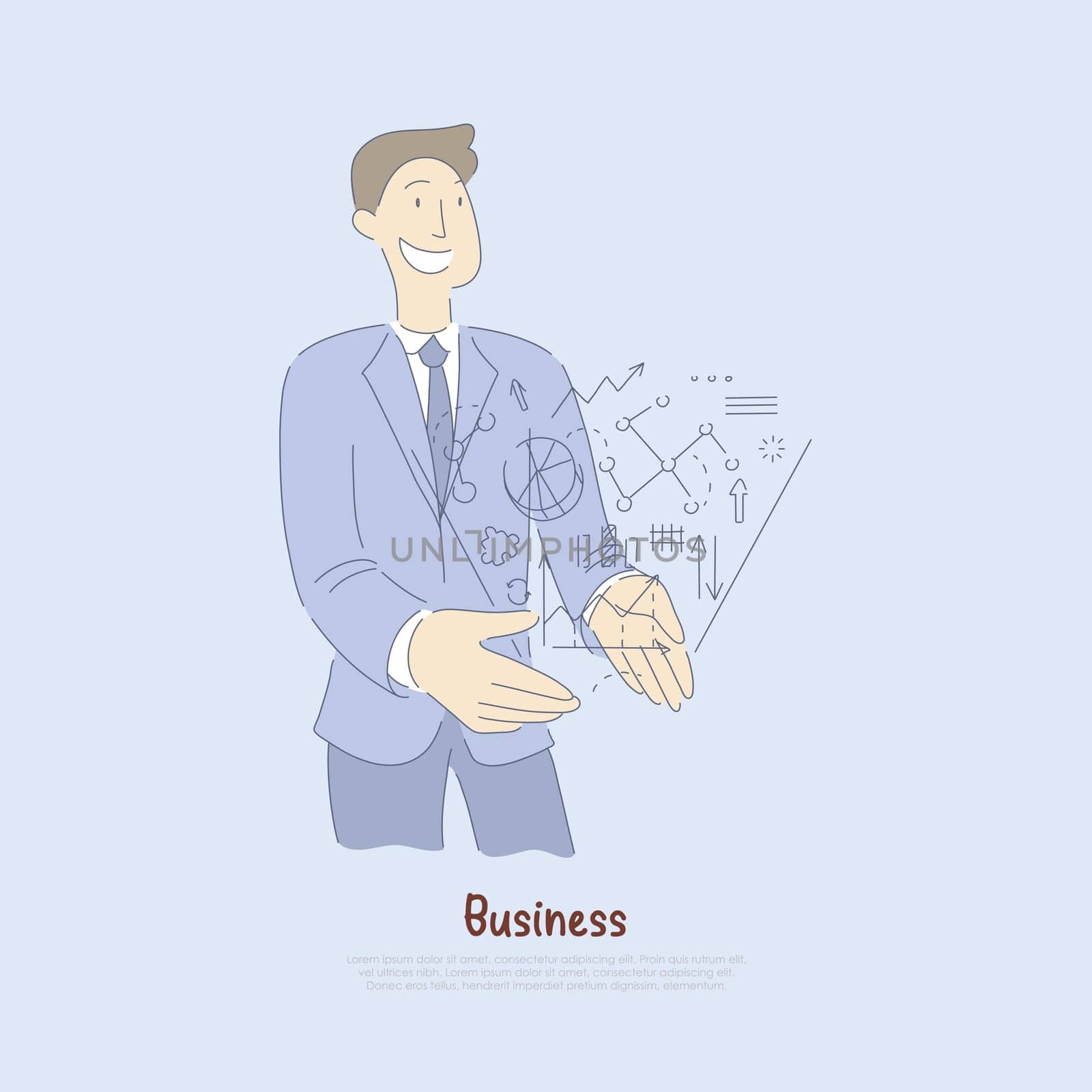 Young manager, analyst holding financial statistics hologram, business activity metaphor, entrepreneurship banner. Successful businessman, entrepreneur concept cartoon sketch. Flat vector illustration