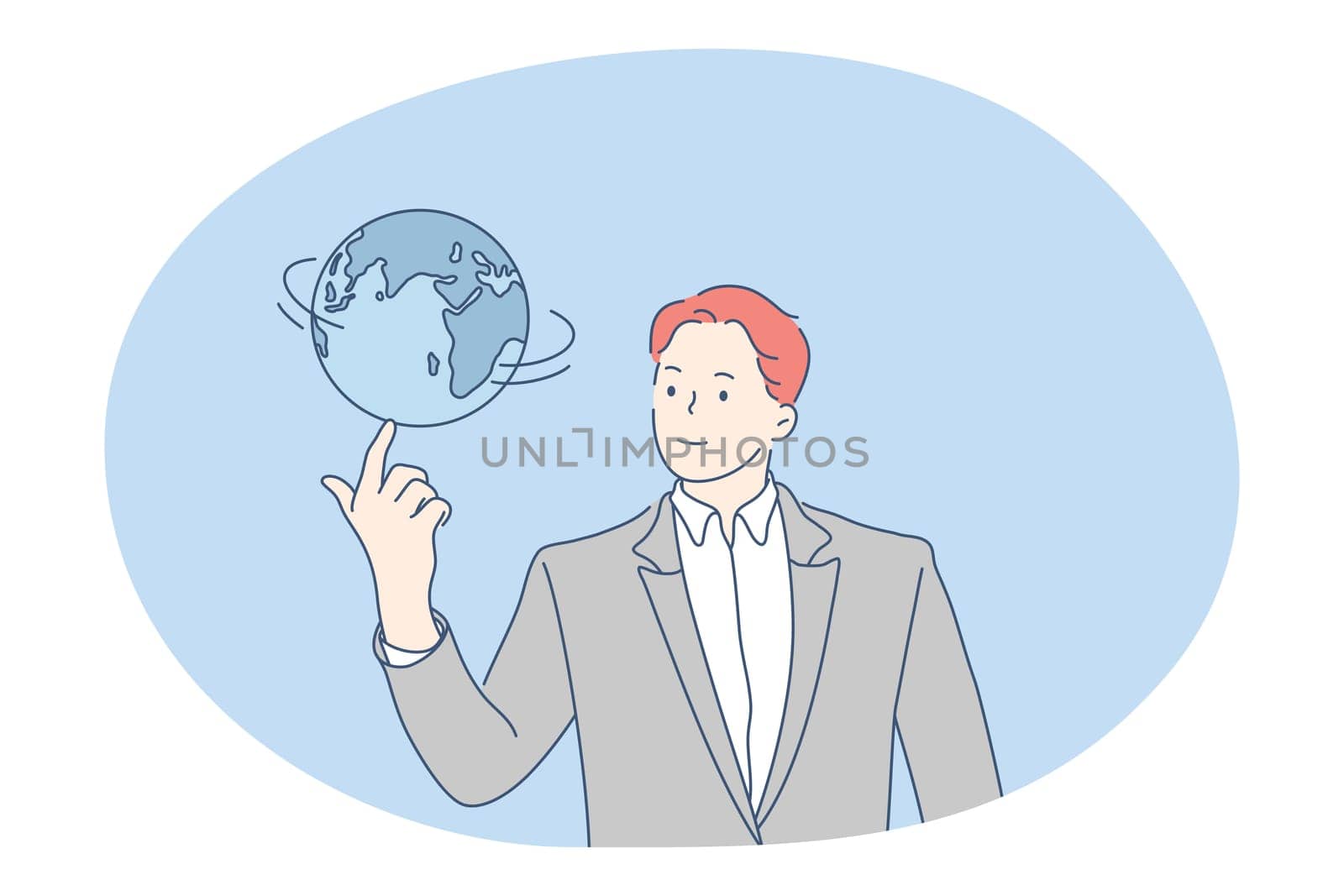 Occupation, teaching, job in school or university concept. Young man professional teacher of geography cartoon character standing spinning world globe on finger. Job specialist, working sphere