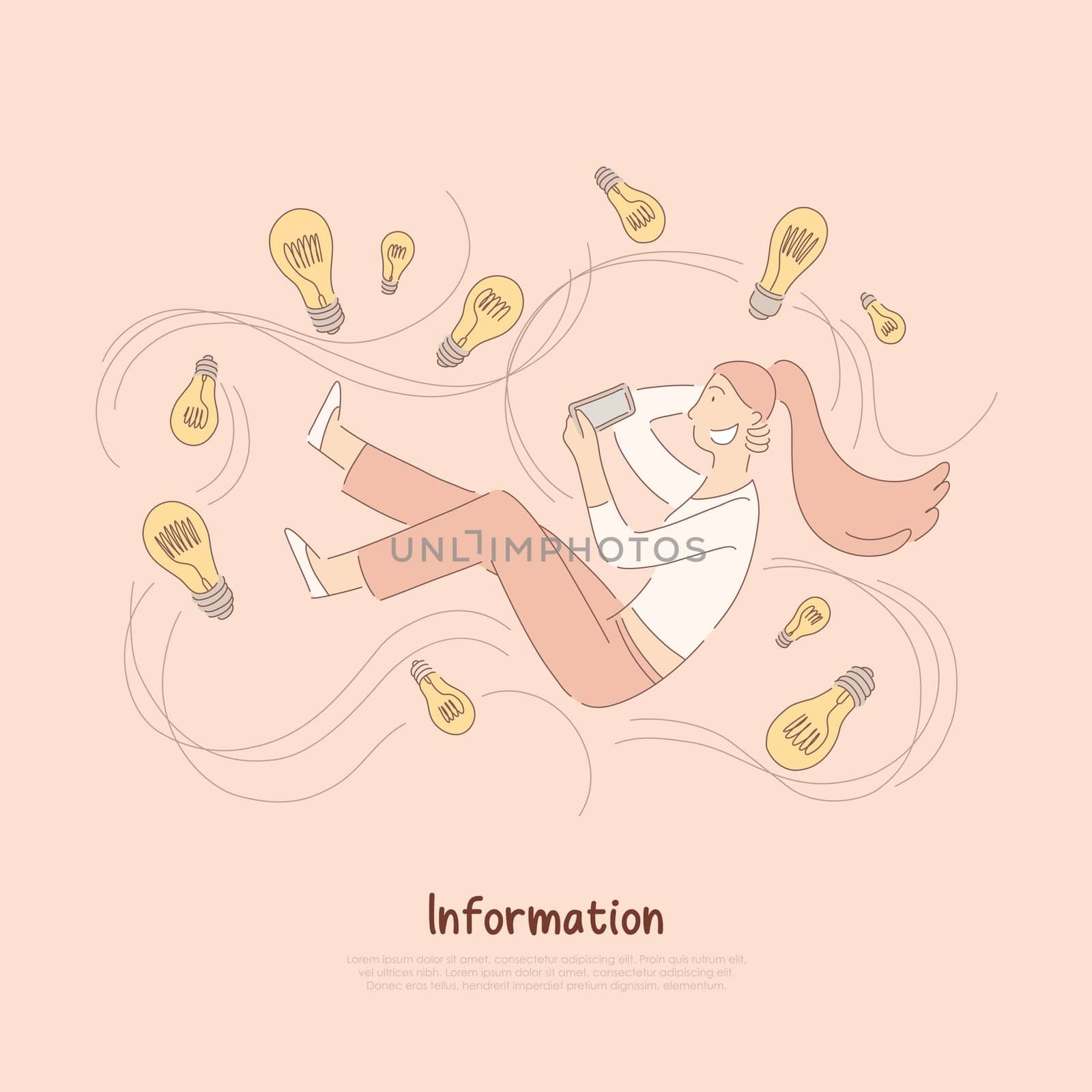 Happy young girl holding smartphone, woman surrounded with light bulbs, brainstorm metaphor, inspiration banner. Creative new idea generation concept cartoon sketch. Flat vector illustration