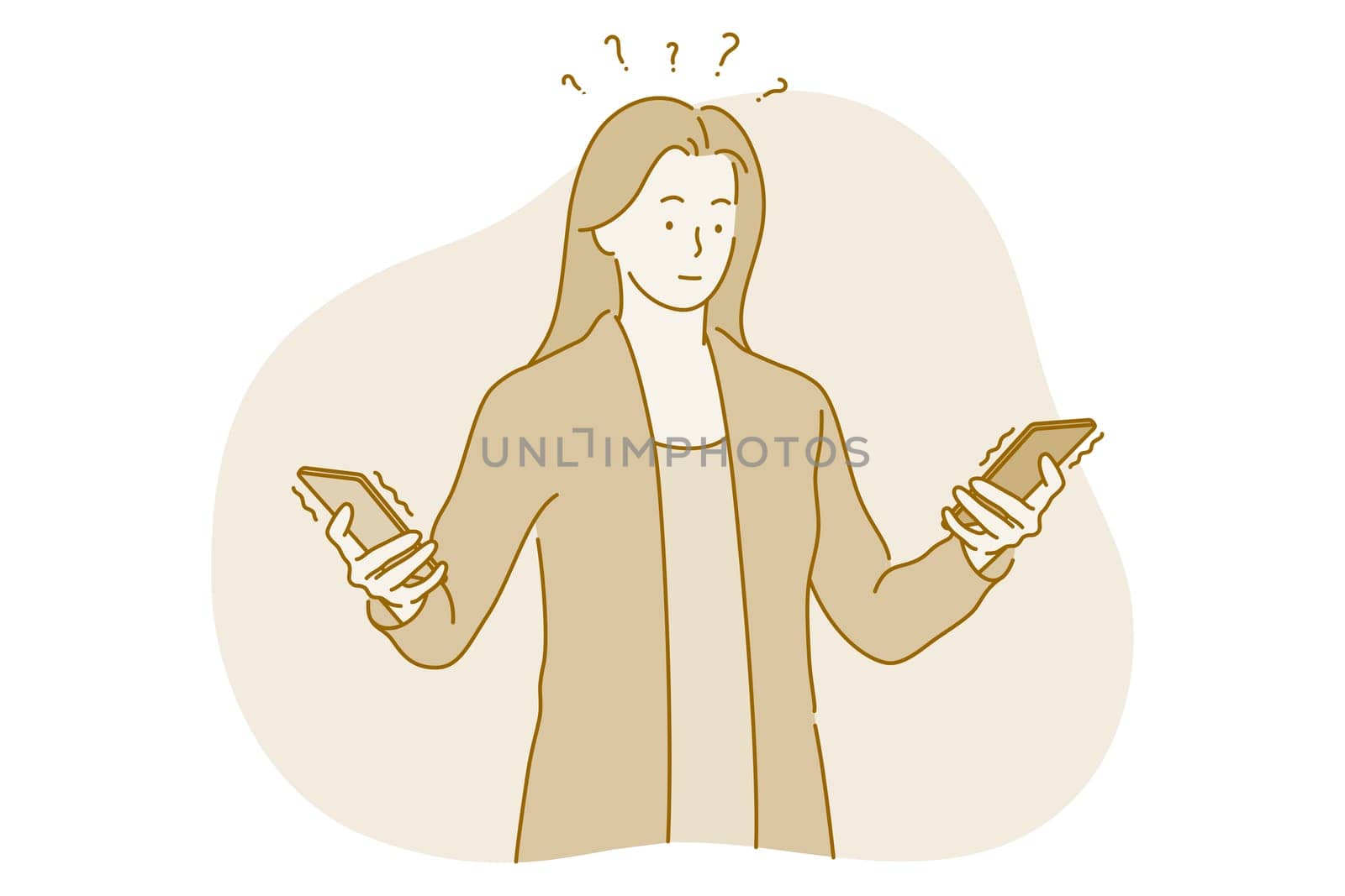 Frustration, doubt, difficult choice concept. Young thinking woman cartoon character standing with two ringing smartphones in hands and trying to decide which to answer first
