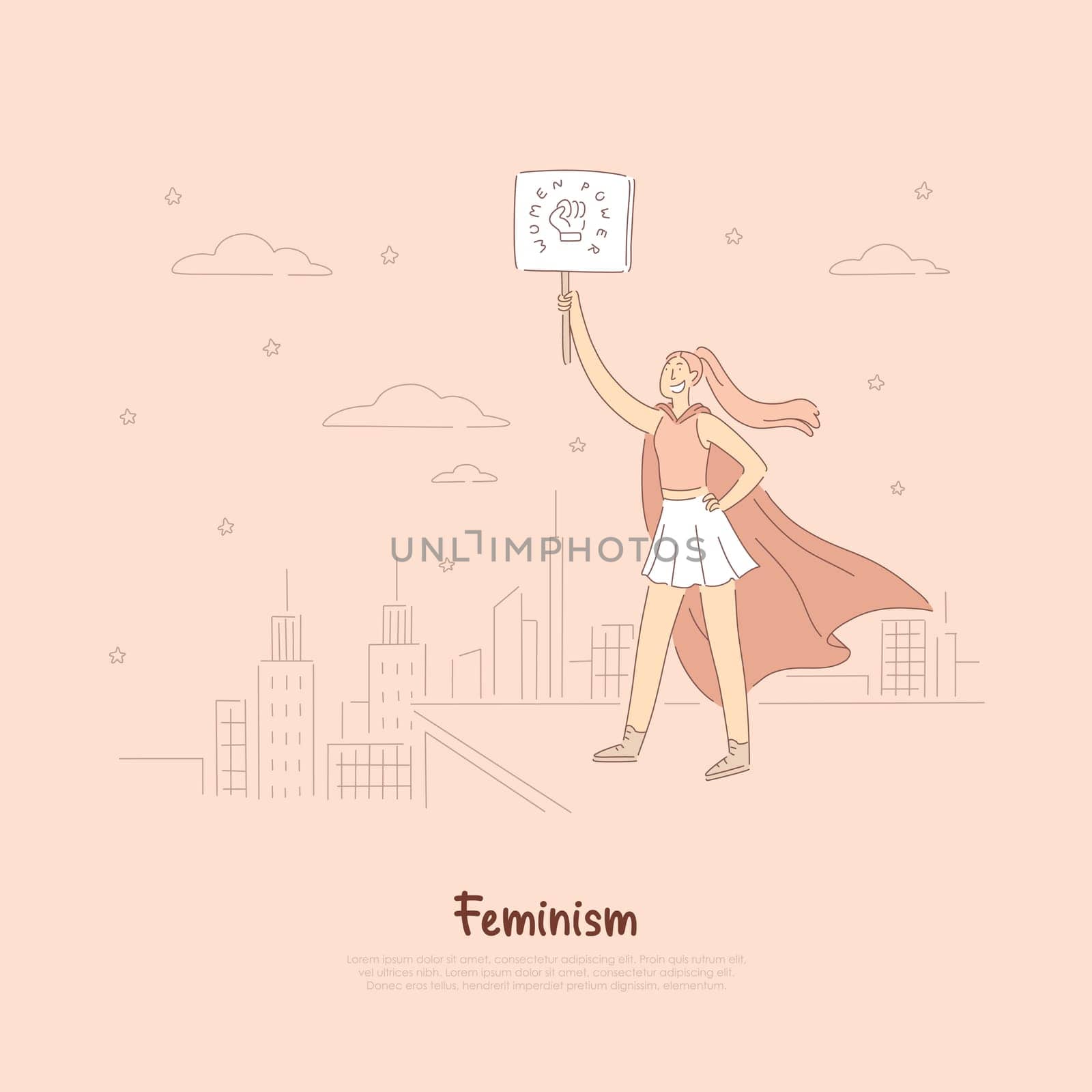 Brave hero, lady superhero in cape holding placard with fist, social protest, gender equality appeal, girl power banner. Feminist movement symbol concept cartoon sketch. Flat vector illustration