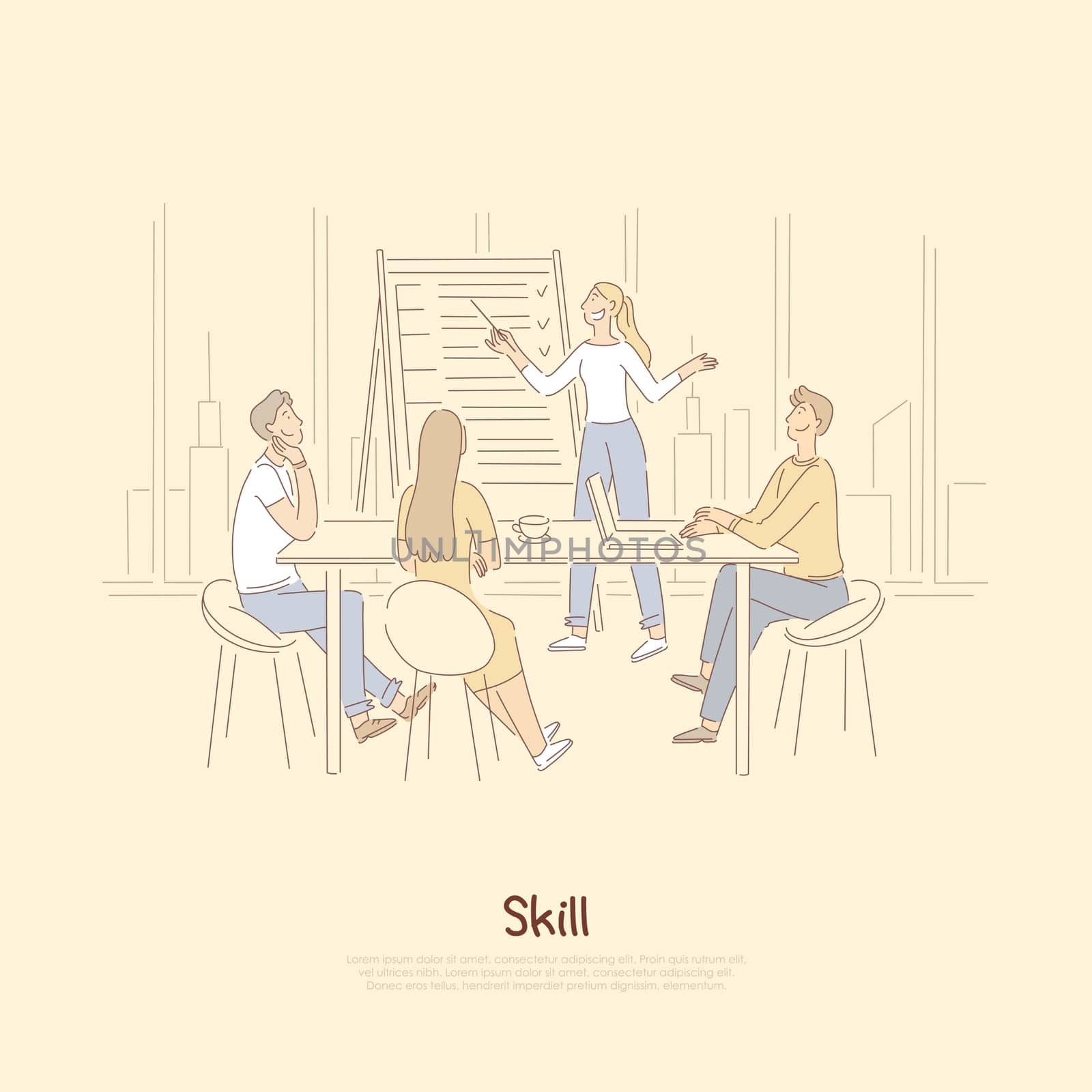 Skill improvement, success achievement training courses, office presentation, competence education banner. Business coaching, company briefing concept cartoon sketch. Flat vector illustration
