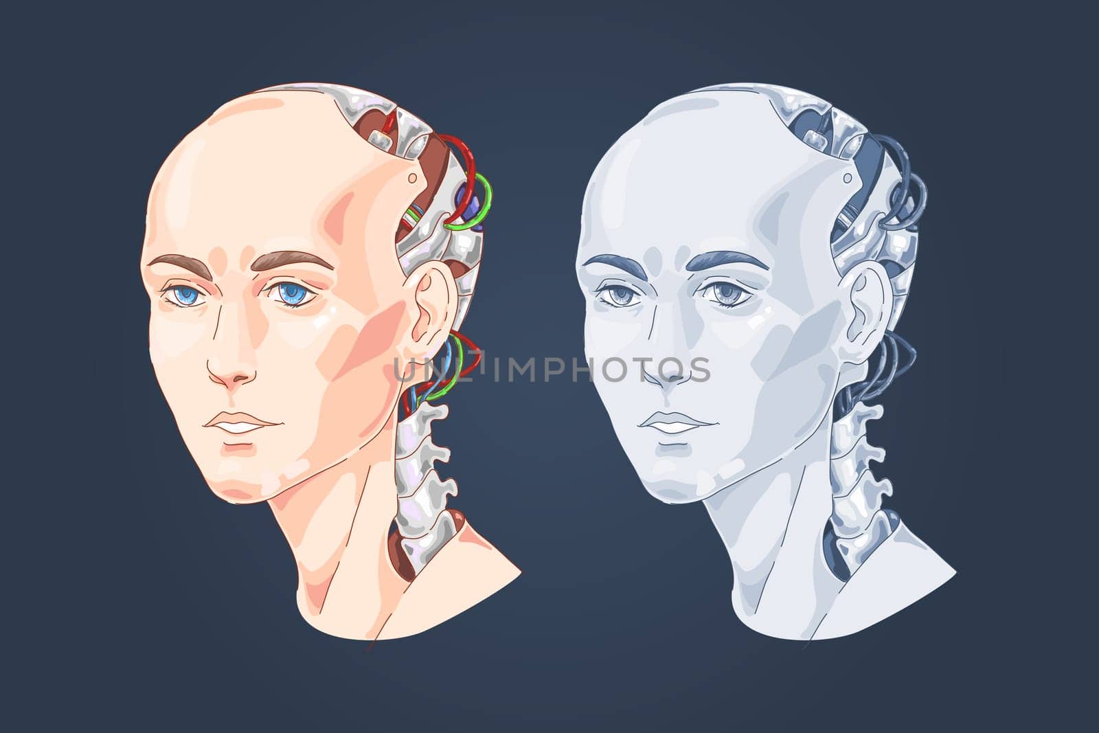Smart robot with woman face, human head shaped computer, futuristic technology, ai, digital innovation. Artificial intelligence, machine learning concept cartoon sketch. Flat vector illustration