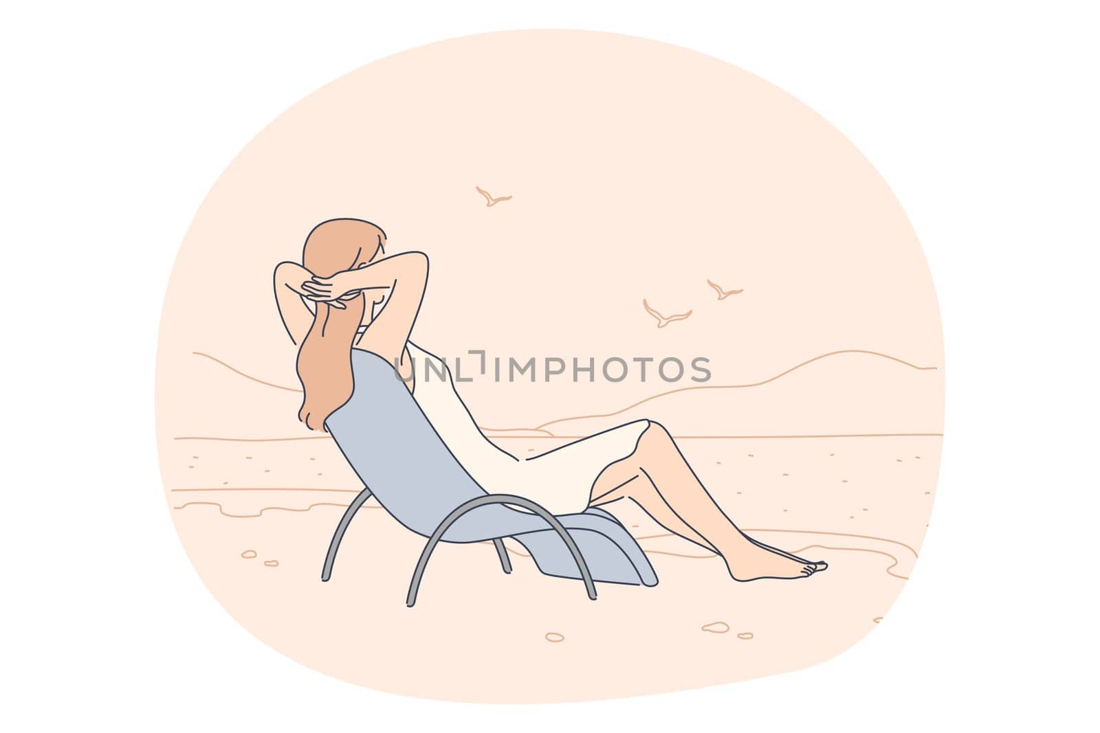 Summer, vacation, relax concept. Woman sitting on beach chair and looking at calm sea and seagulls enjoying seaside recreation watching seascape. Holiday rest and summertime sunbathing on sand