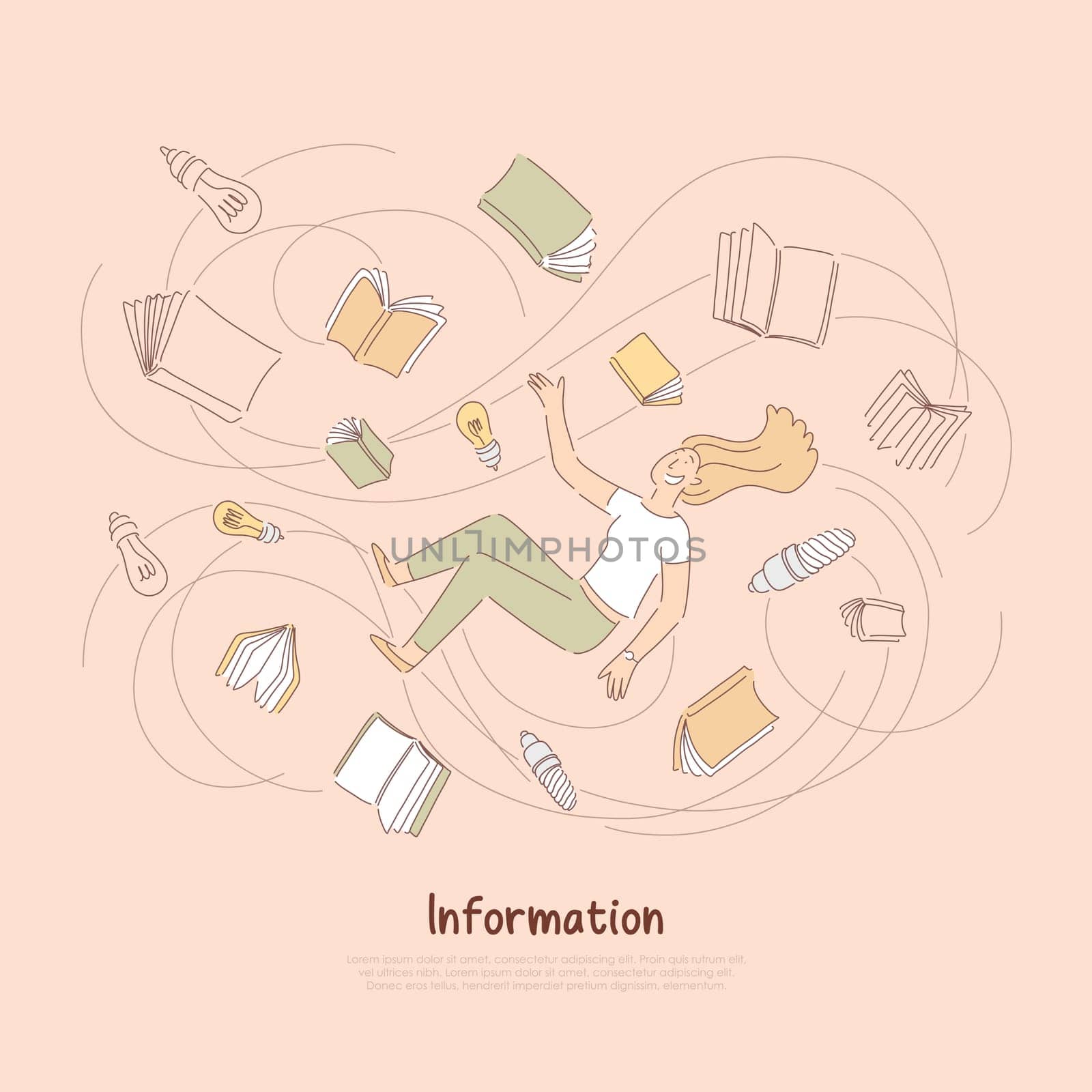 Smart student surrounded with books and light bulbs, exams preparation, learning process, education banner. Information gathering, knowledge gaining concept cartoon sketch. Flat vector illustration