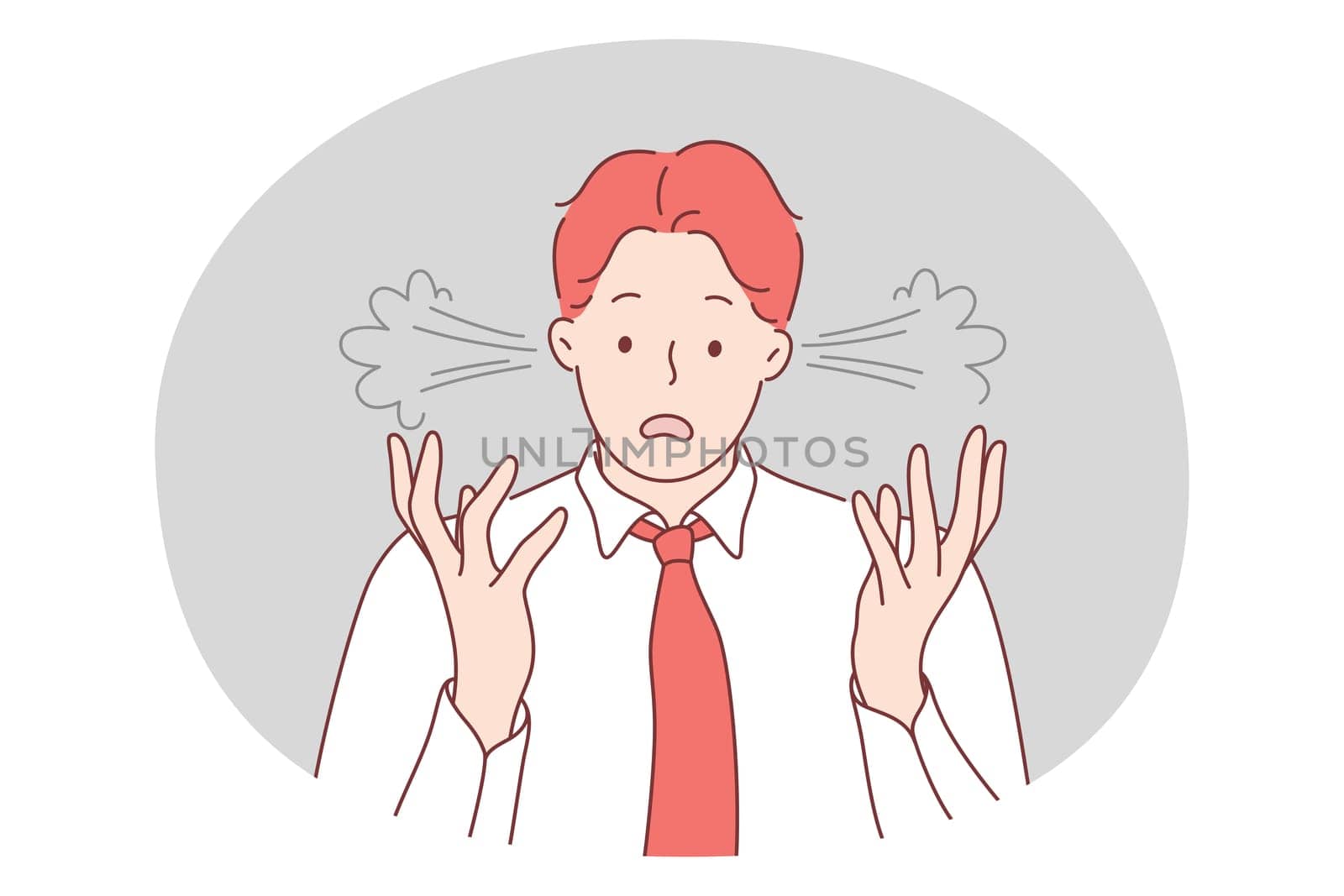 Stress, burnout, lack of attention concept. Young unhappy frustrated man office worker standing and expressing feeling totally broken stressed and overworked at workplace vector illustration