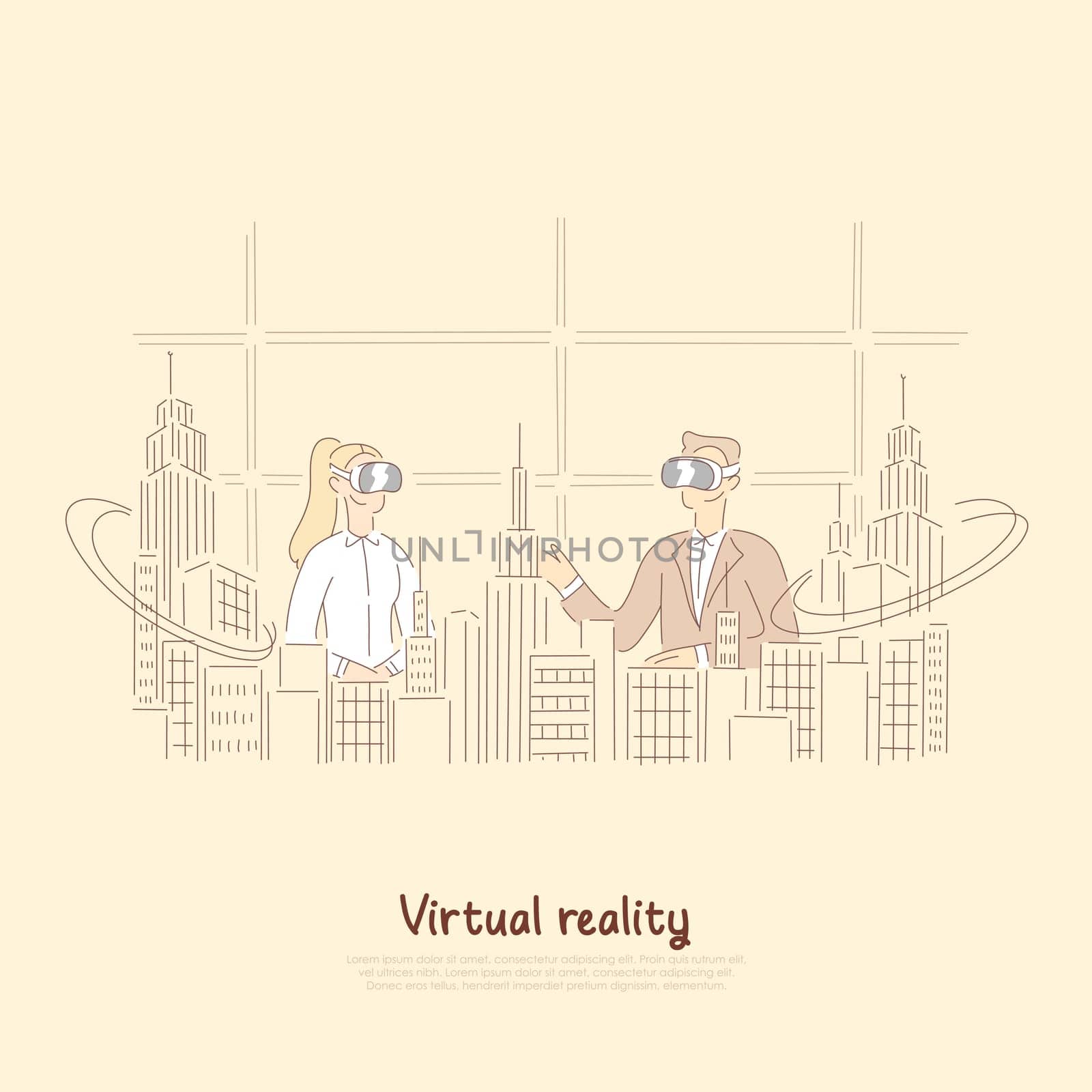 Colleagues in vr glasses discussing architectural project, city hologram, futuristic coworking, virtual reality banner. Business innovation, technology concept cartoon sketch. Flat vector illustration