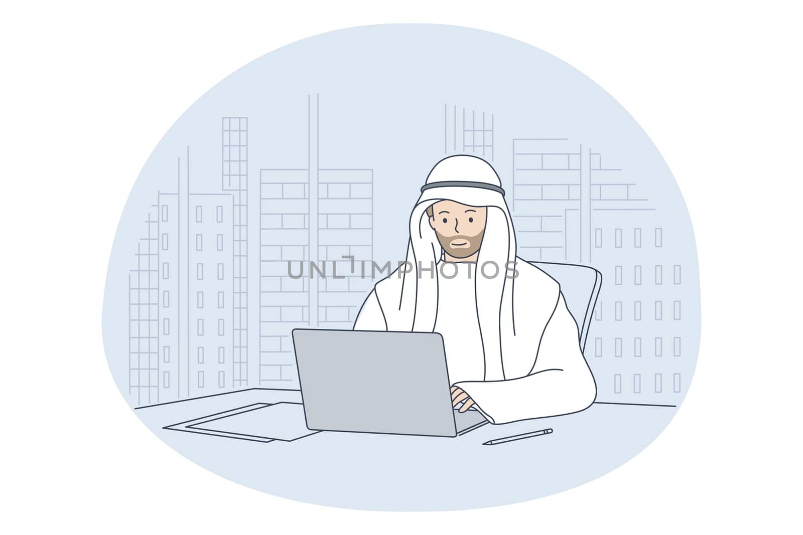Arab people working in office concept. Young positive saudi muslim businessman cartoon character sitting in office with laptop and working online on project. Working process and international team