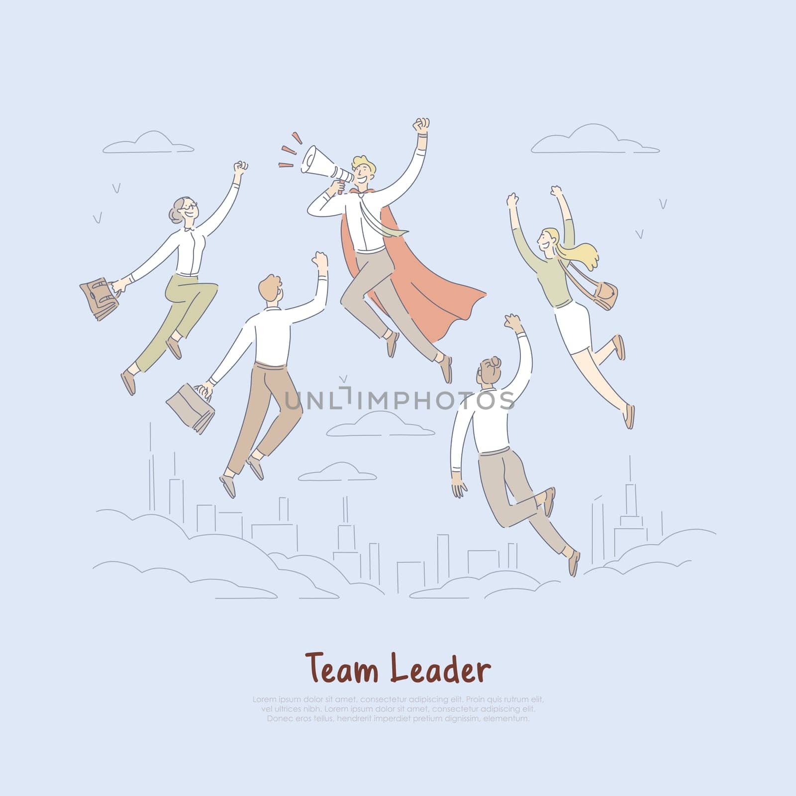 Superhero in cape, happy businessman holding megaphone, employees follow boss, successful team leader banner. Leadership skill, business people concept cartoon sketch. Flat vector illustration