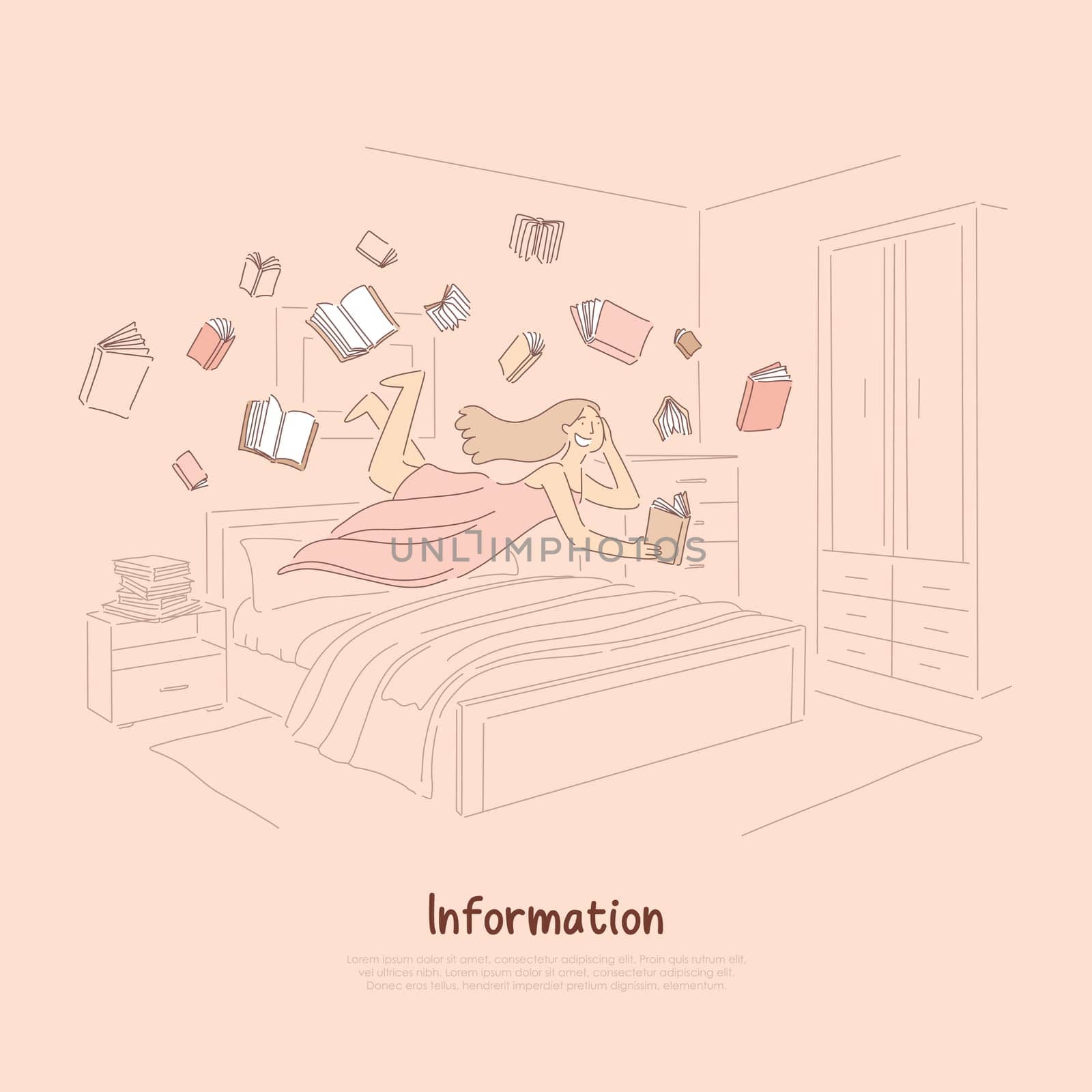 Smiling girl reading enthusiastically, happy reader surrounded with books, information consumption, literature banner. Bookworm pastime, studying pupil concept cartoon sketch. Flat vector illustration