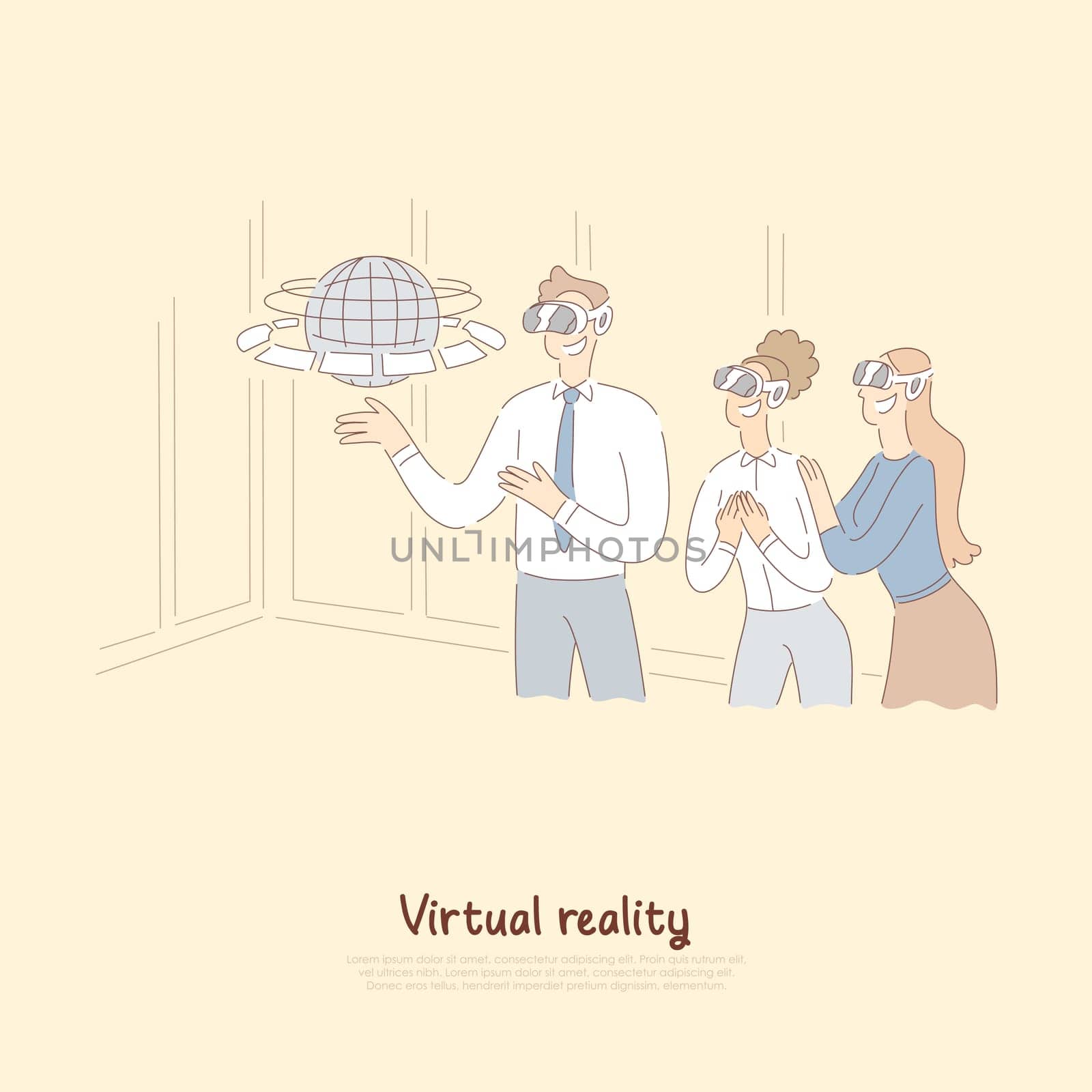Cheerful man and excited girls in vr headsets, teacher showing students Earth hologram, augmented reality banner. Business and education technology concept cartoon sketch. Flat vector illustration