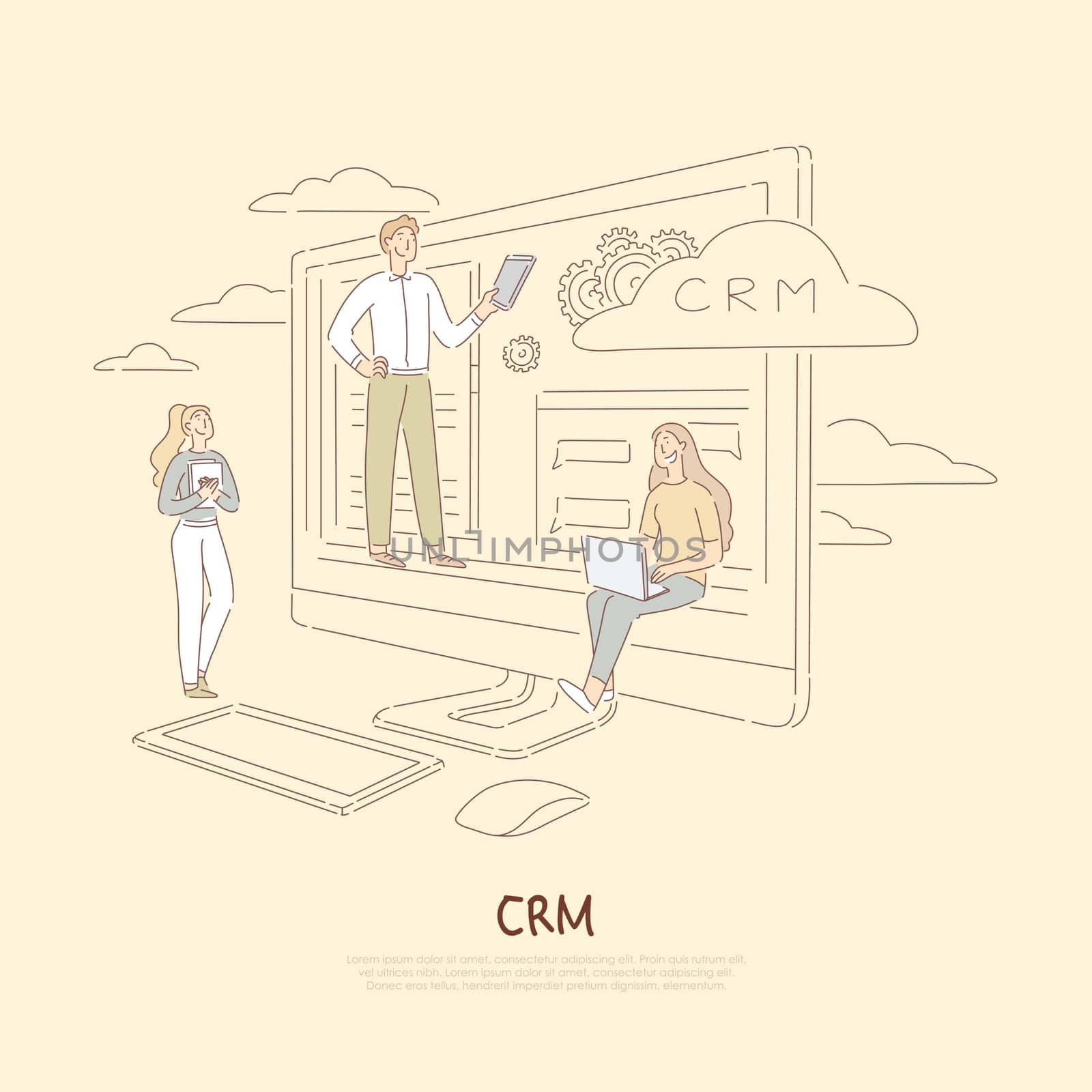 Client support system, company communication service, young colleagues analyzing data, crm software banner. Customer relationship management concept cartoon sketch. Flat vector illustration