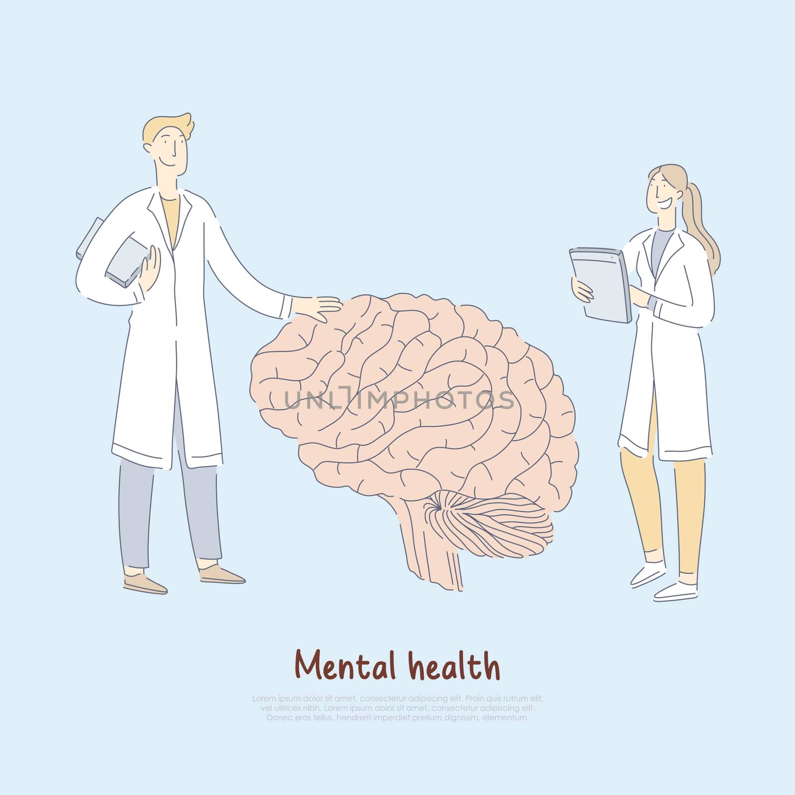 Doctors examining huge human brain, psychiatry, professional assistance, neurobiology, psychology banner. Mental health problems treatment concept cartoon sketch. Flat vector illustration