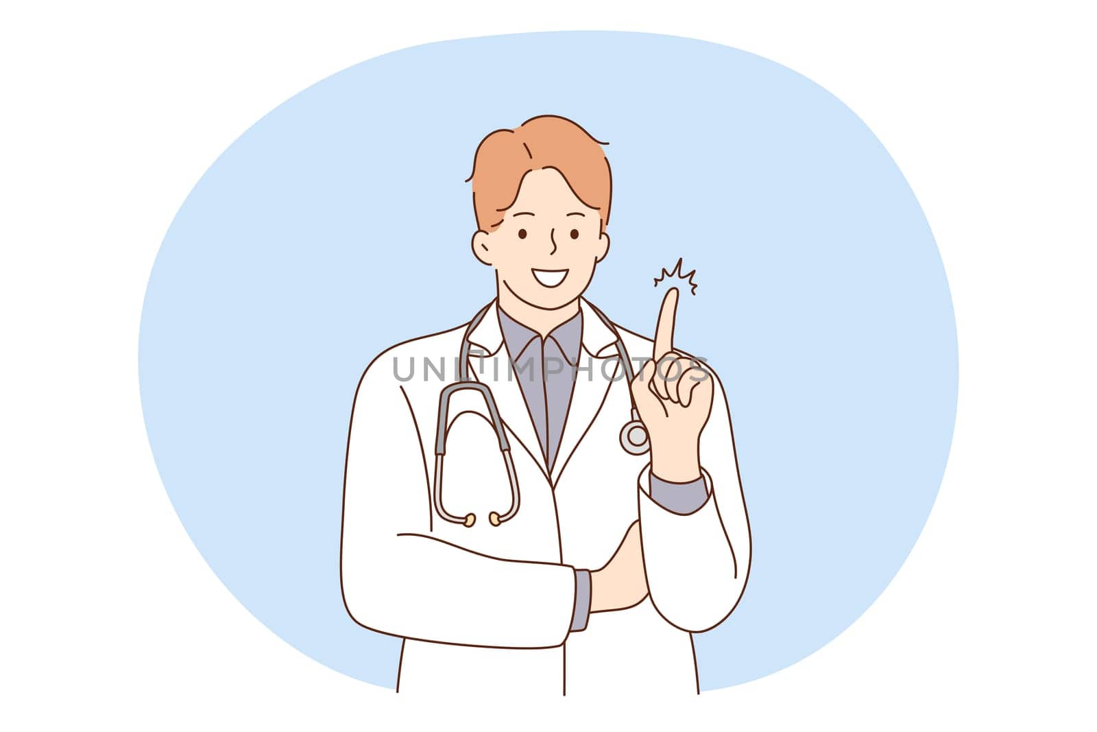 Doctor, medicine, healthcare concept. Young smiling man doctor therapist in white uniform cartoon character standing and showing having idea with finger. Medicare, therapist, pharmacist illustration