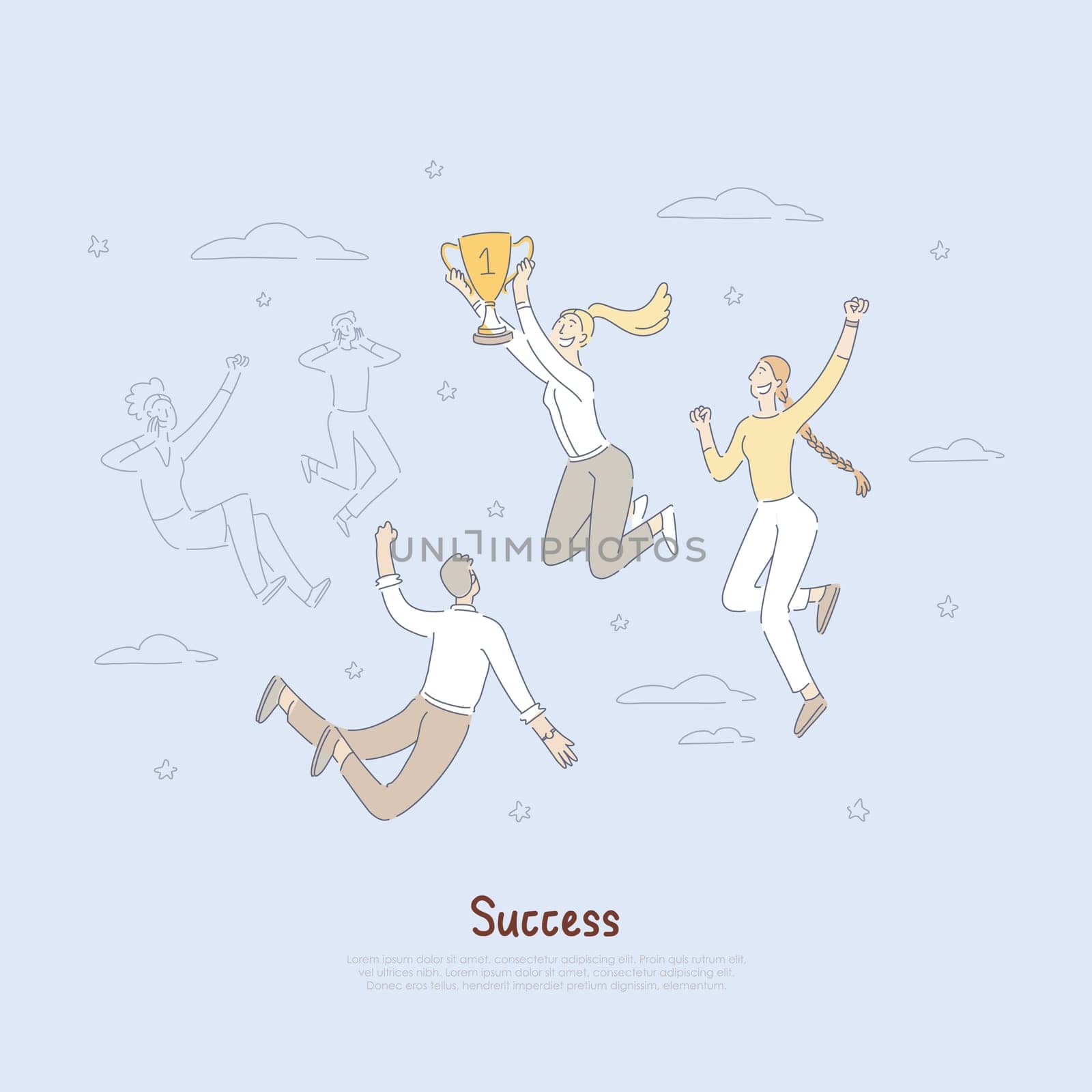 Happy young businesswoman holding champion trophy, leadership metaphor, corporate achievement banner. Business, sport success celebration concept cartoon sketch. Flat vector illustration