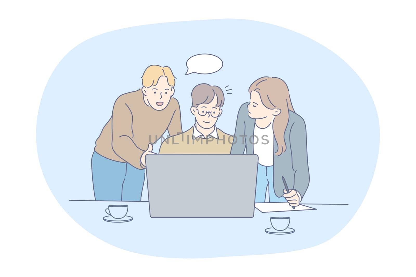 Teamwork, brainstorming, business communication about startup concept. Group of young business people coworkers or partners sharing ideas about corporate projects and making presentation on laptop