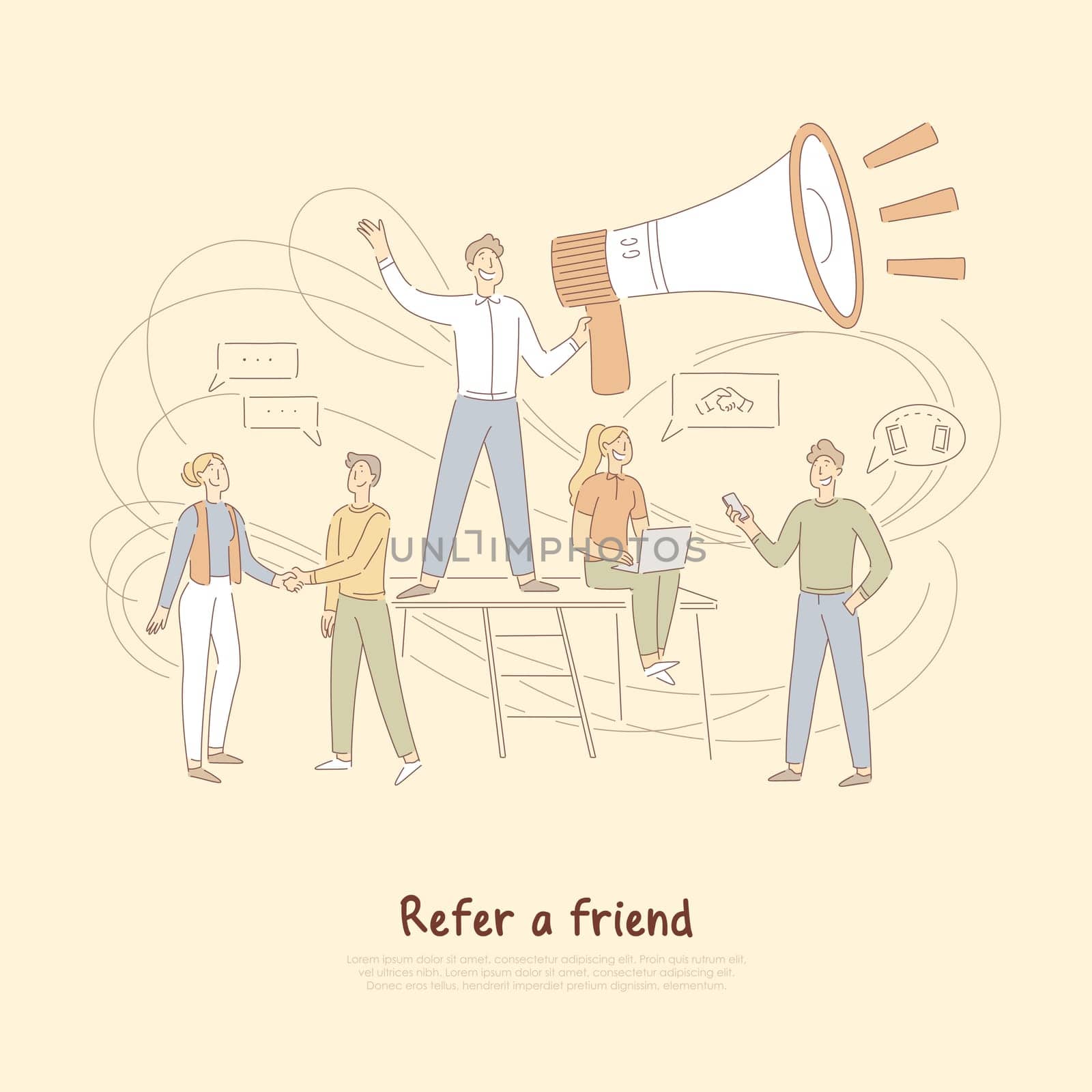 Referrals program, businessman holding huge megaphone, marketing network, refer a friend banner. Advertising business, promotion campaign concept cartoon sketch. Flat vector illustration
