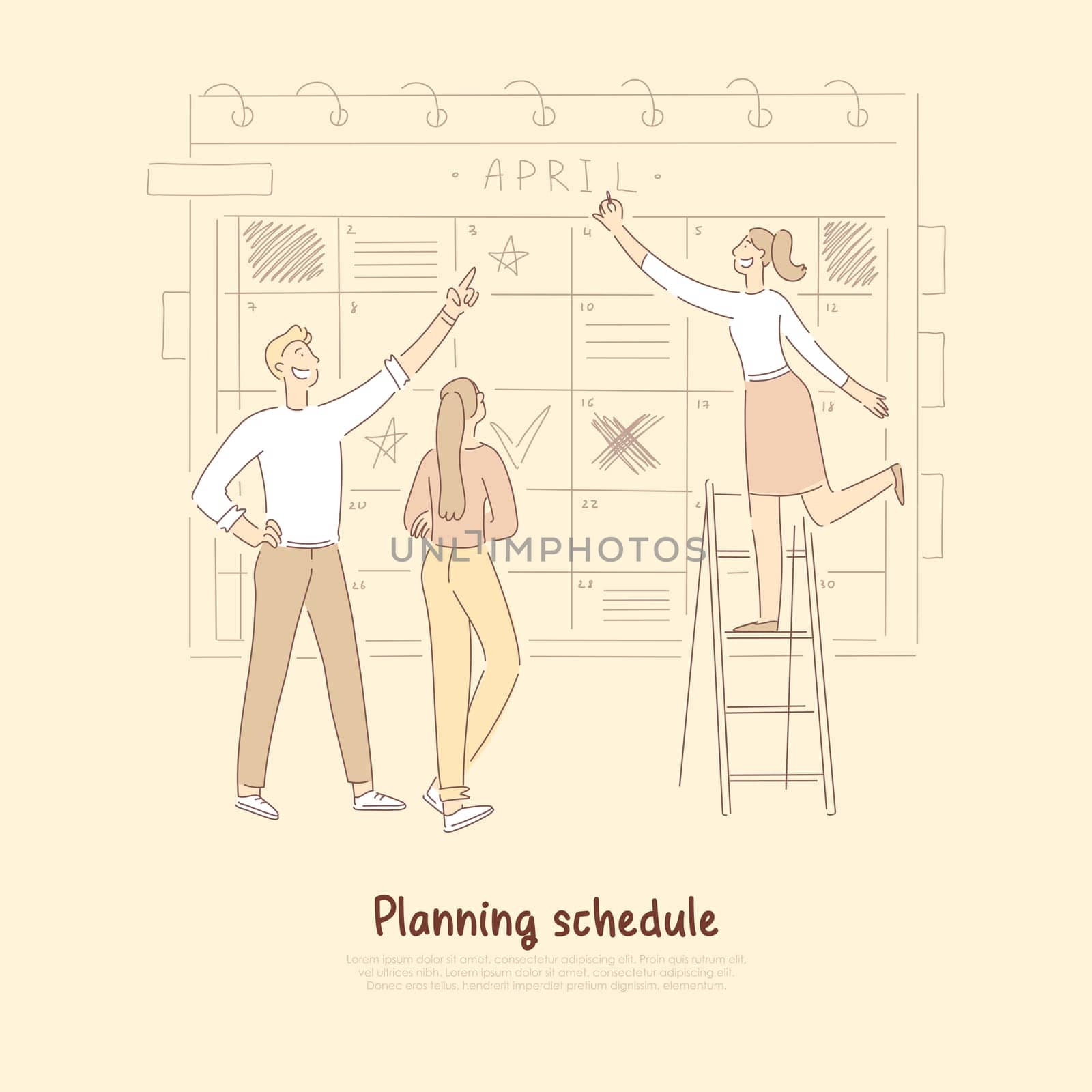 Workflow optimization, business development team, efficiency, productivity increase, time management banner. Colleagues planning working schedule concept cartoon sketch. Flat vector illustration