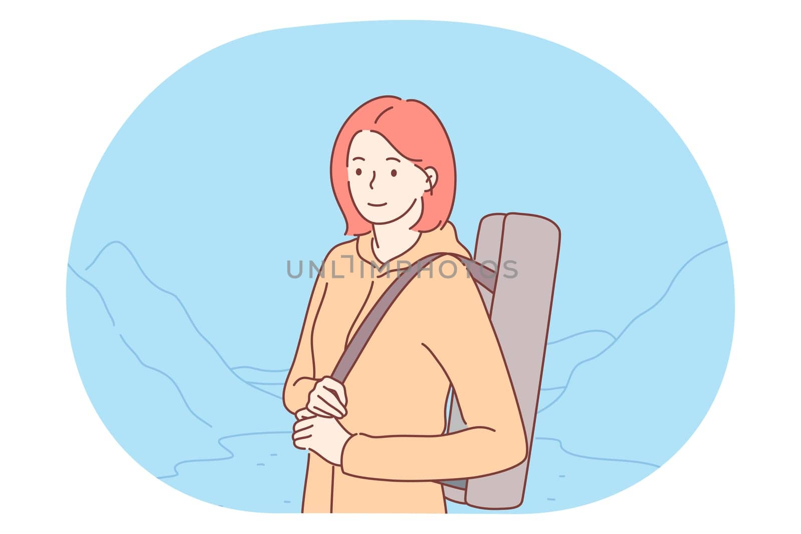 Hiking, traveling on nature, mountain tourism concept. Young happy girl cartoon character tourist backpacker hiker standing during journey with mountain valley on background vector illustration