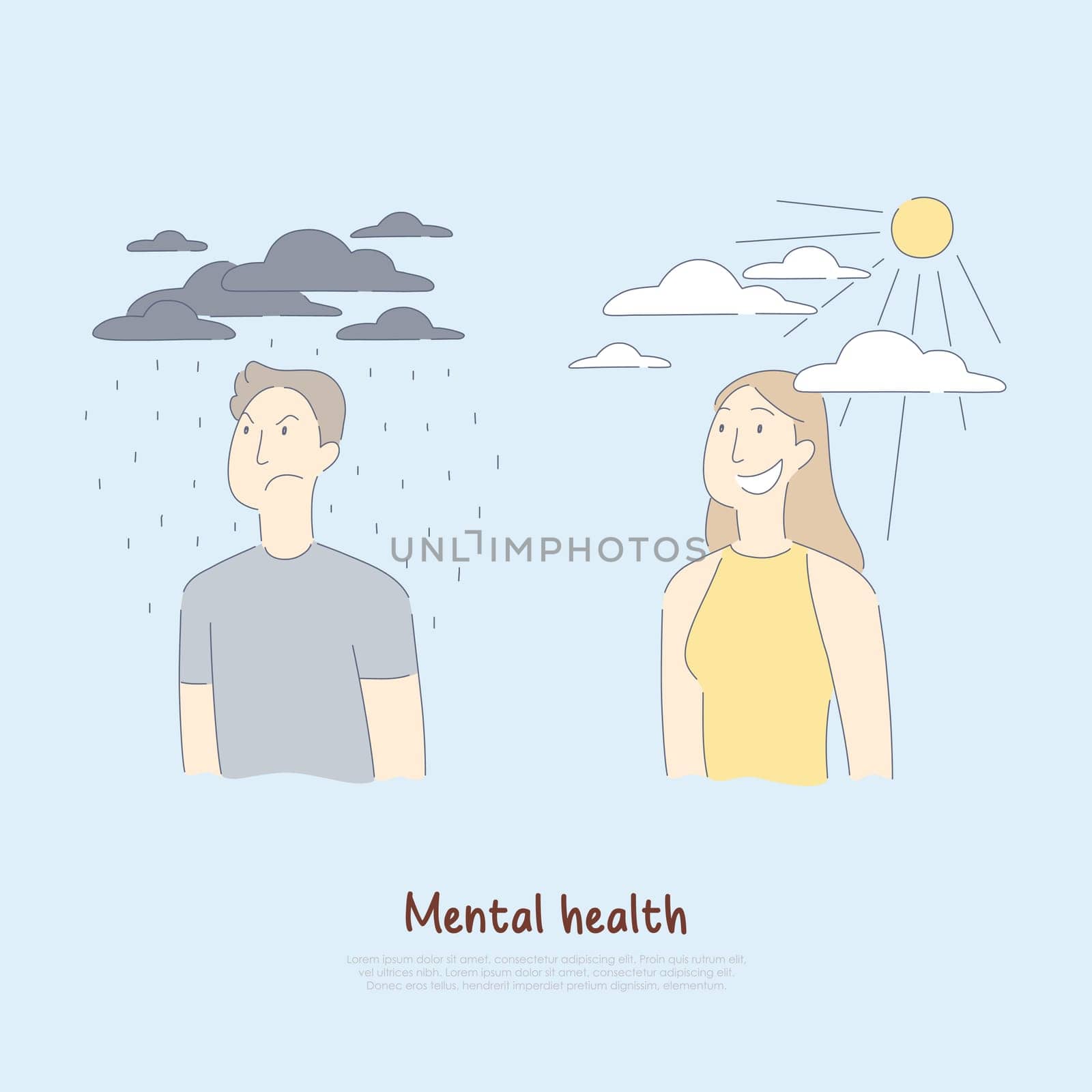 Sad man under raining clouds and happy woman, psychology, medical assistance, health care, mental condition banner. Depression and joy metaphor concept cartoon sketch. Flat vector illustration