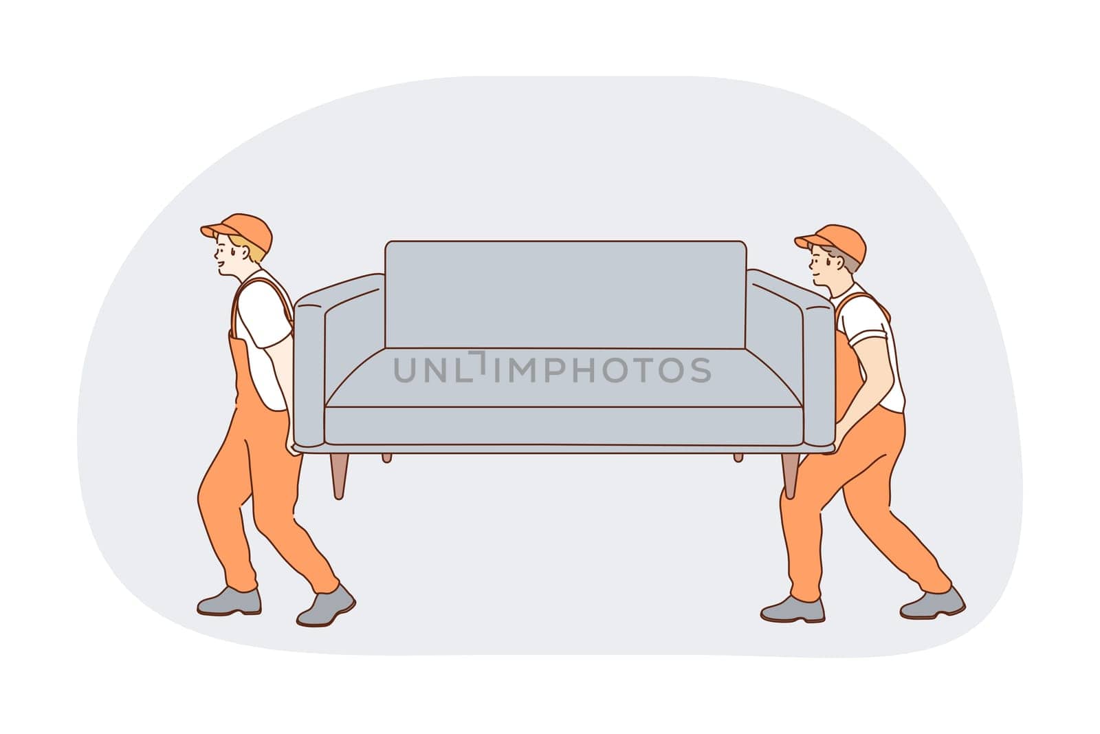 Part-time job, career, manual work concept. Young men professional loaders in orange working uniform carrying sofa to customers flat. Job specialist, working sphere illustration