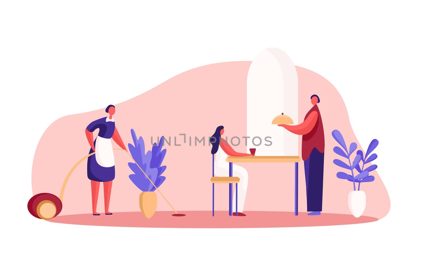Hotel resident having breakfast, guesthouse room service, maid cleaning, waiter holding serving tray, luxury lifestyle. Rich woman with servants concept cartoon sketch. Flat vector illustration