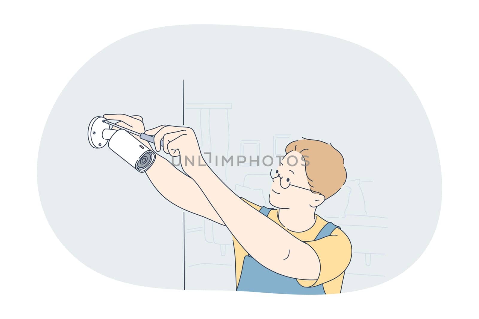 Occupation, job, manual worker concept. Man professional worker repairman in working uniform cartoon character fixing surveillance camera with screwdriver. Job, specialist working sphere illustration