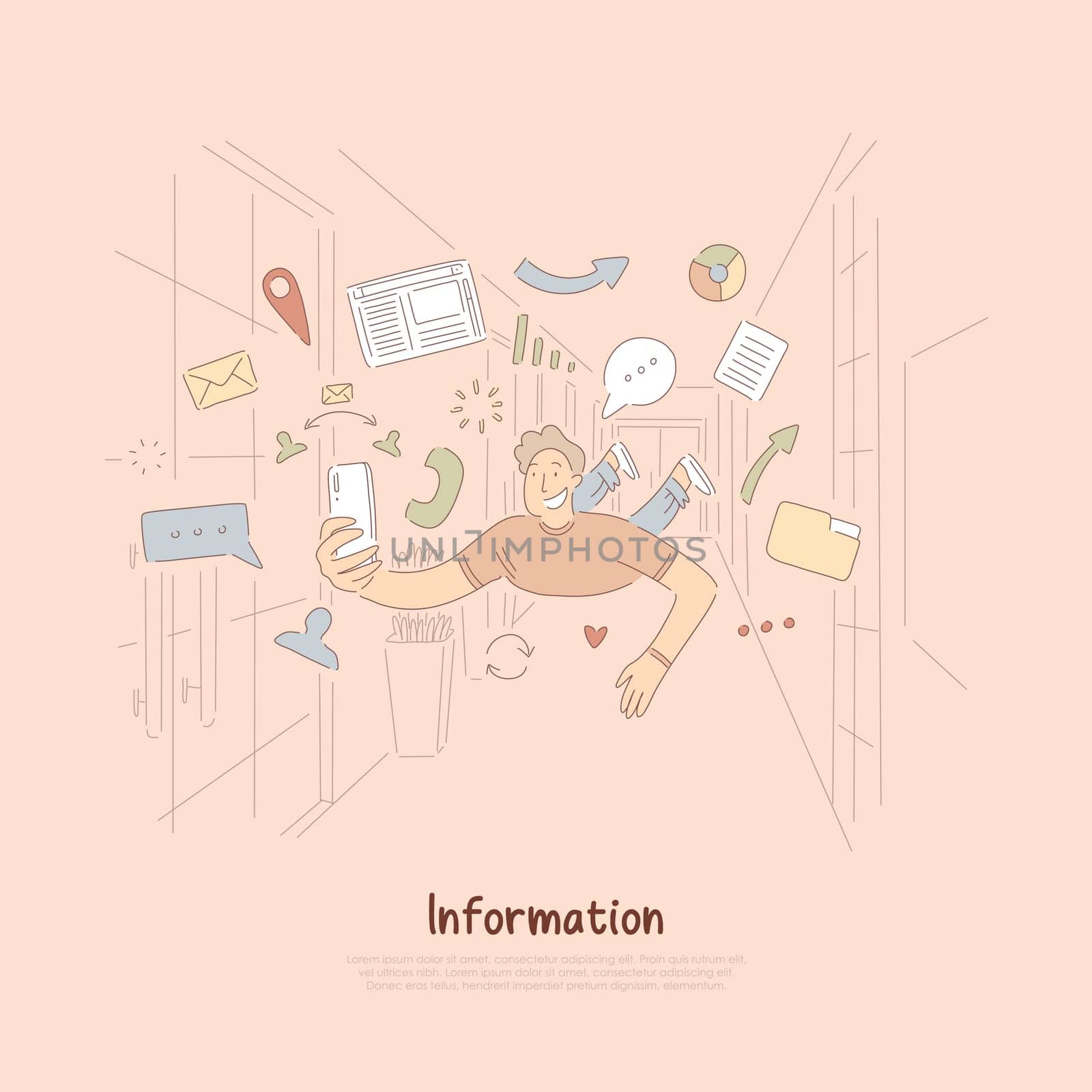 Cheerful man with smartphone surrounded with internet icons, mobile communication technology, online browsing banner. Social media leisure, pastime concept cartoon sketch. Flat vector illustration