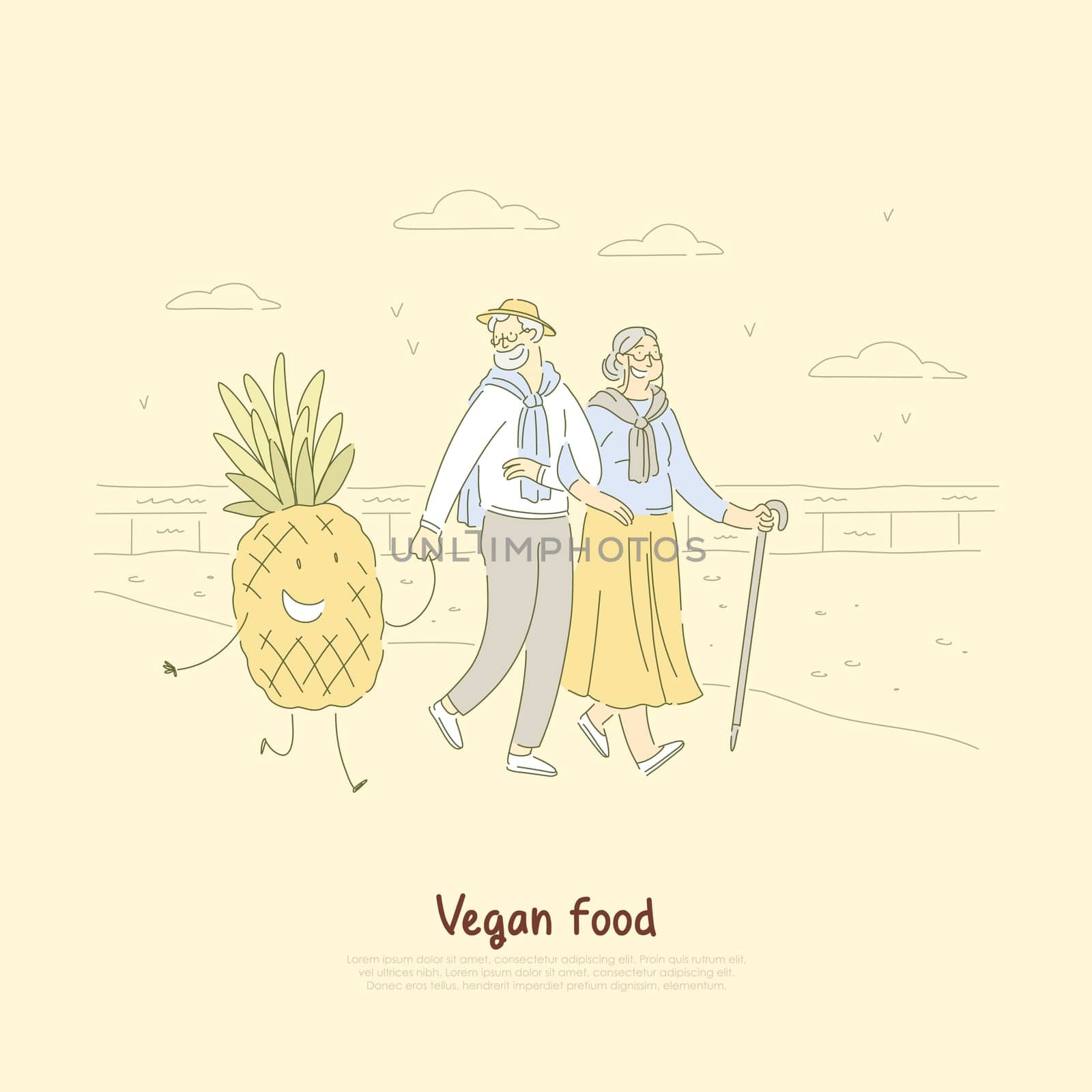 Happy old man and woman on walk, seniors couple holding hands with smiling pineapple, vegetarian food banner. Organic nutrition, outdoor stroll concept cartoon sketch. Flat vector illustration