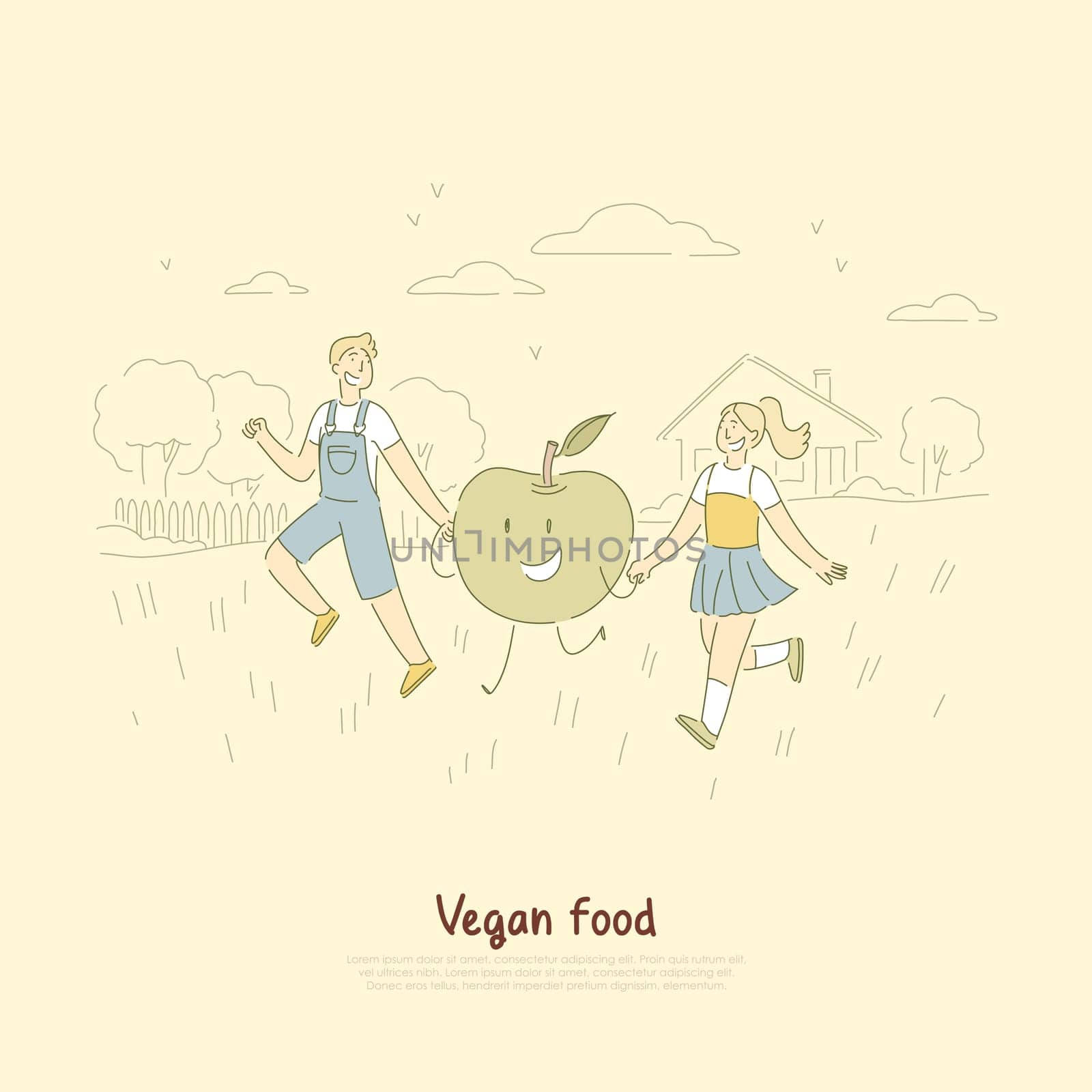 Cheerful little children on stroll, boy and girl holding hands with delicious friendly apple, vegan food banner. Healthy nutrition, natural fruit concept cartoon sketch. Flat vector illustration