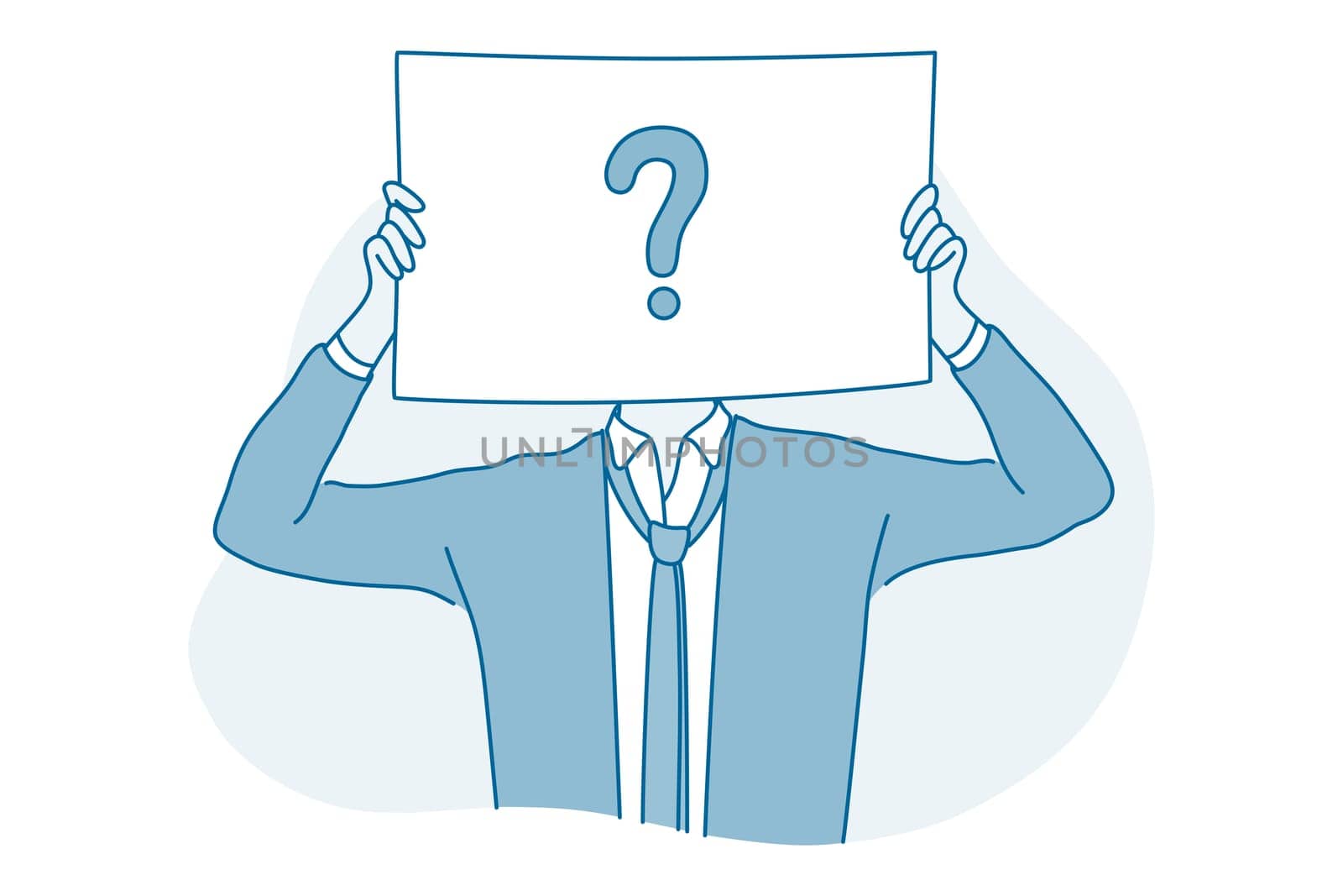 Frustration, doubt, question concept. Young businessman office worker cartoon character standing and holding big sign with question mark in hands expressing frustration trying to find solution
