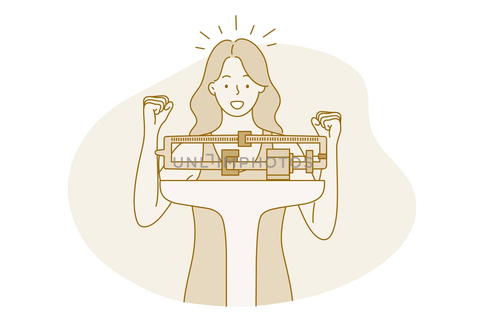 Losing weight, slim, diet concept. Young positive woman cartoon character feeling happy and glad to see losing kilos on scales and reducing in weight vector illustration