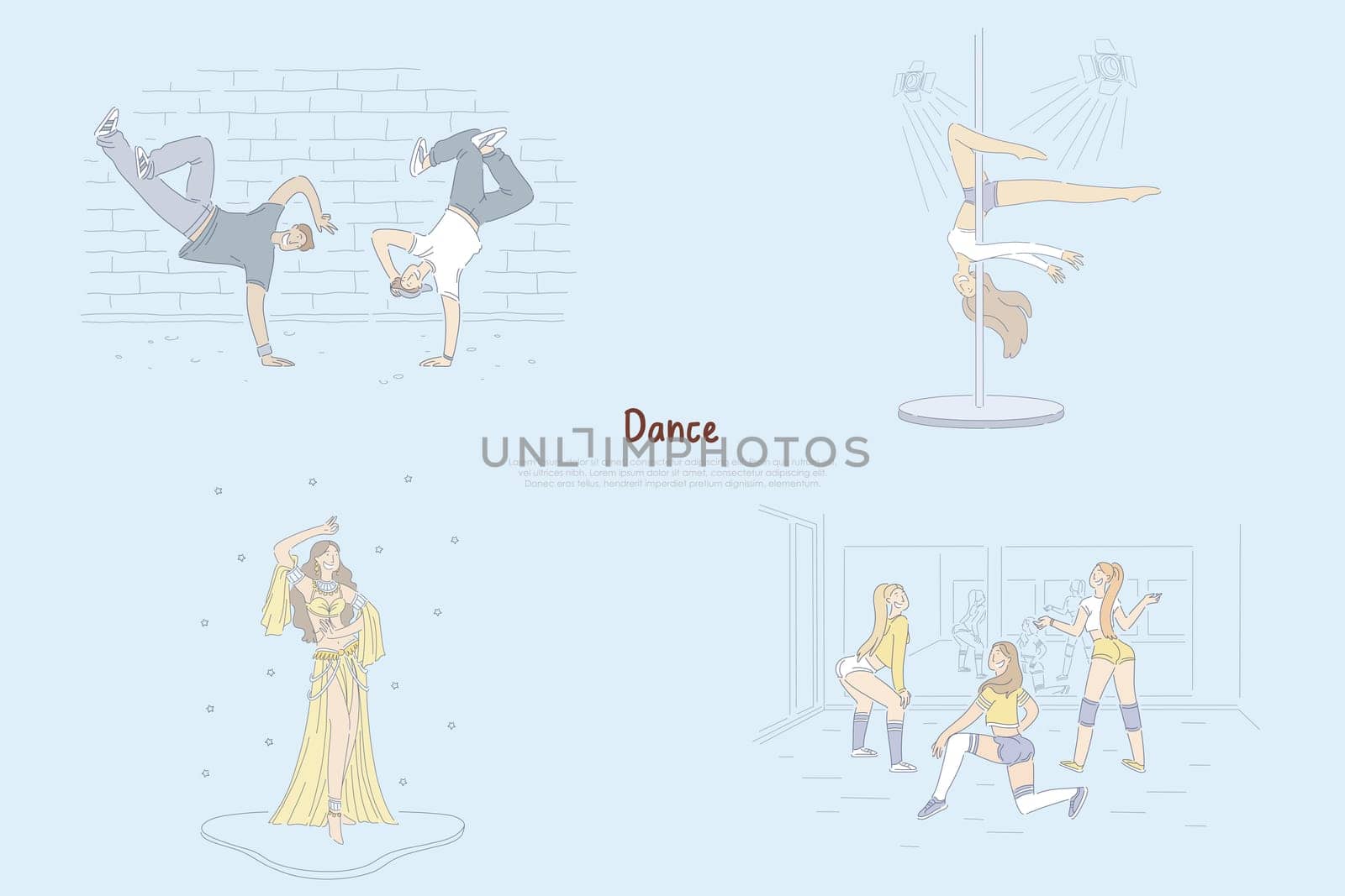 Modern and traditional choreography, break dancers doing tricks, twerking, belly-dance graceful pole dancer banner. Contemporary urban dance culture concept cartoon sketch. Flat vector illustration
