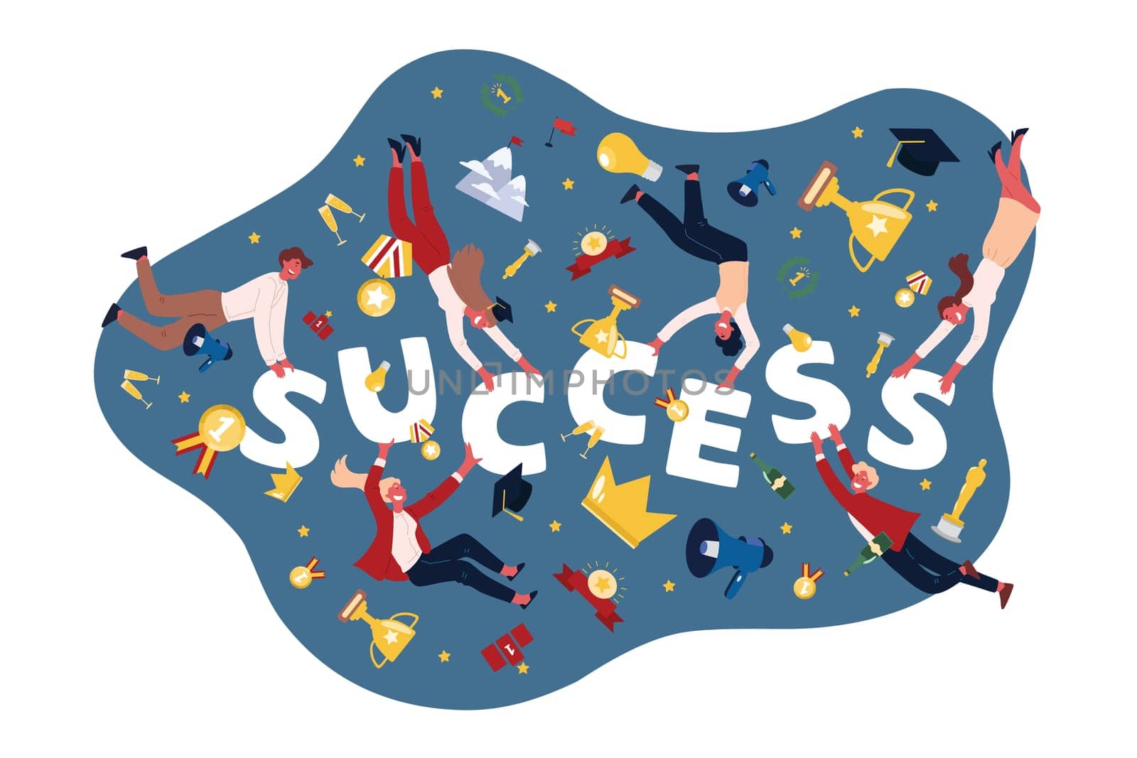 Successful people, sportsmen with trophies, cups, golden medals, actors receiving awards, students getting diploma banner. Victorious moments concept cartoon sketch. Flat vector illustration