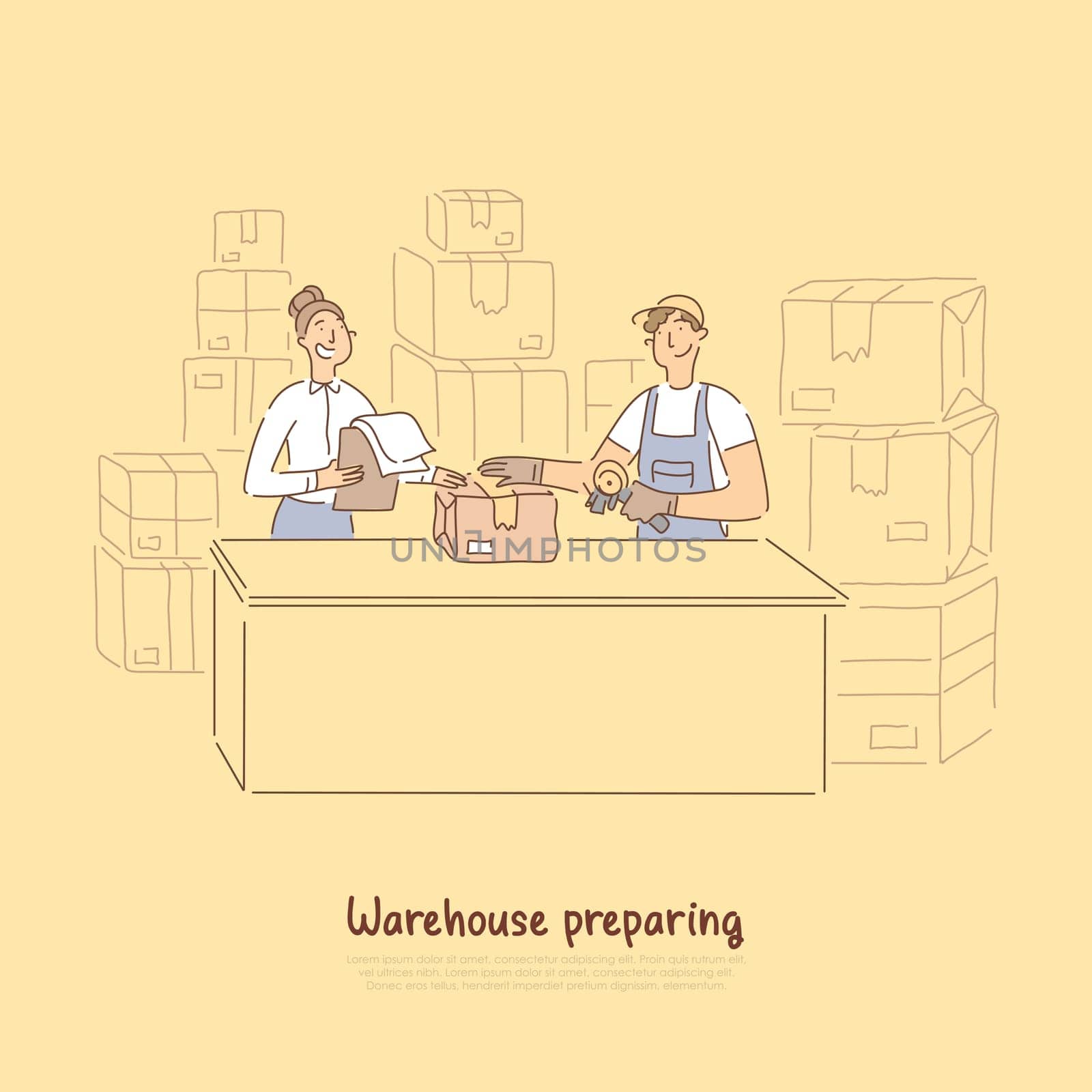 Warehouse workers preparing products for shipment, supervisor checking orders list, handyman packing parcel with duct tape banner. Delivery service concept cartoon sketch. Flat vector illustration
